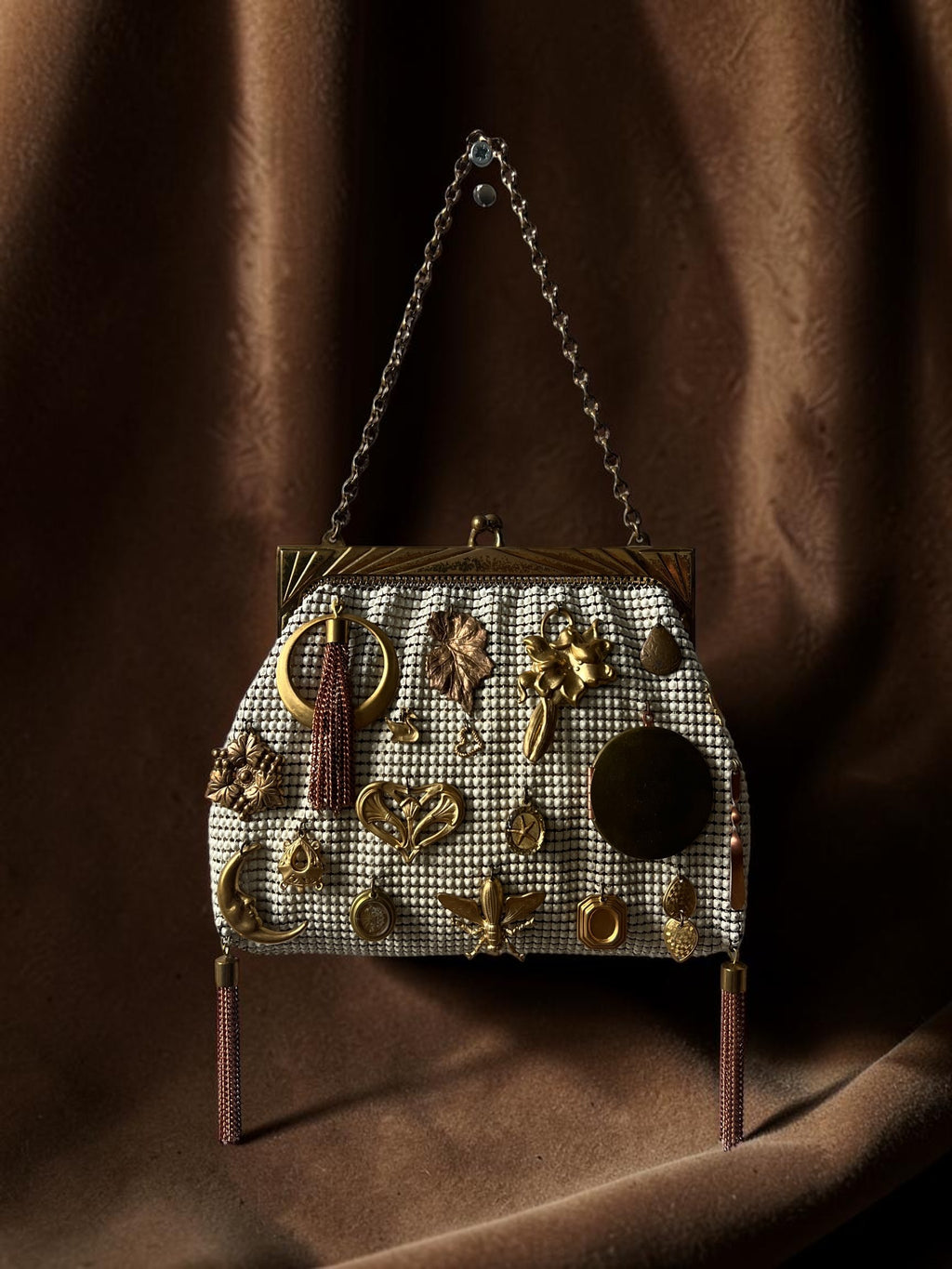 1940s Ivory Mesh Gathered Charm Bag