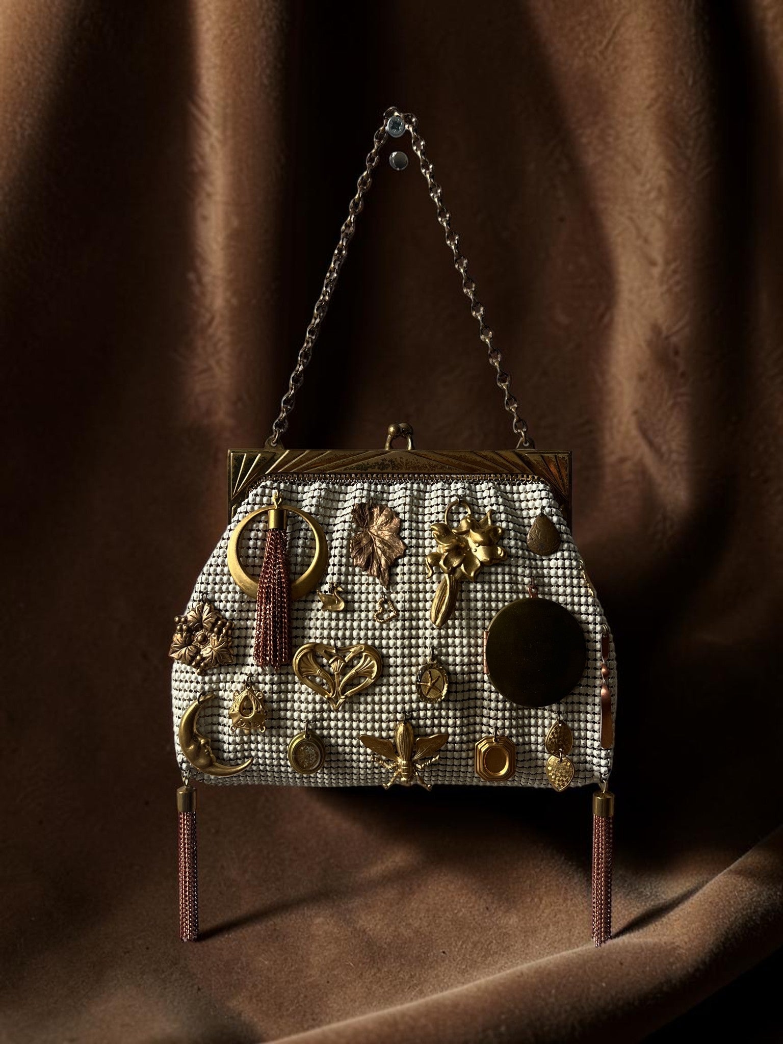 1940s Ivory Mesh Gathered Charm Bag