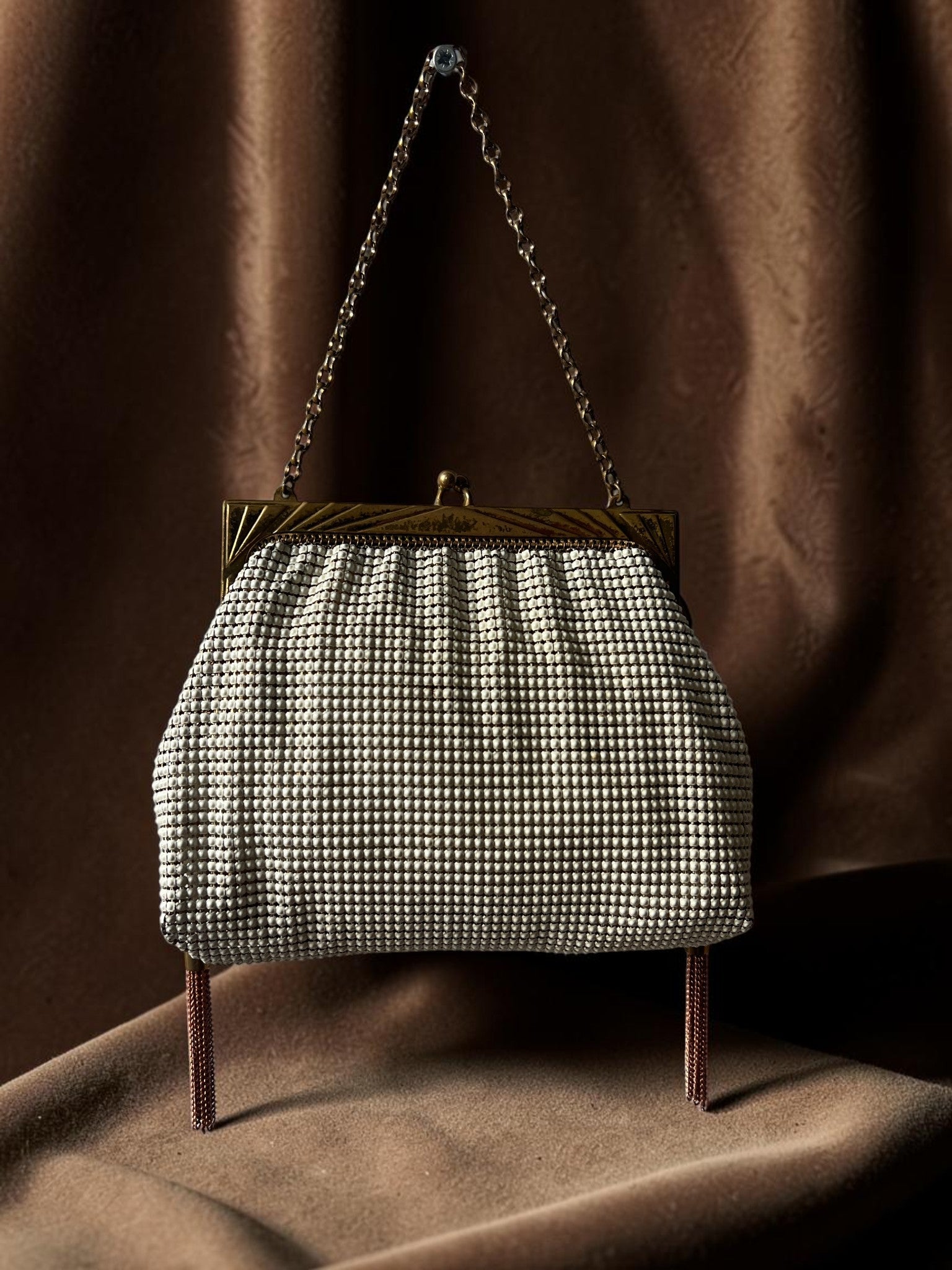 1940s Ivory Mesh Gathered Charm Bag