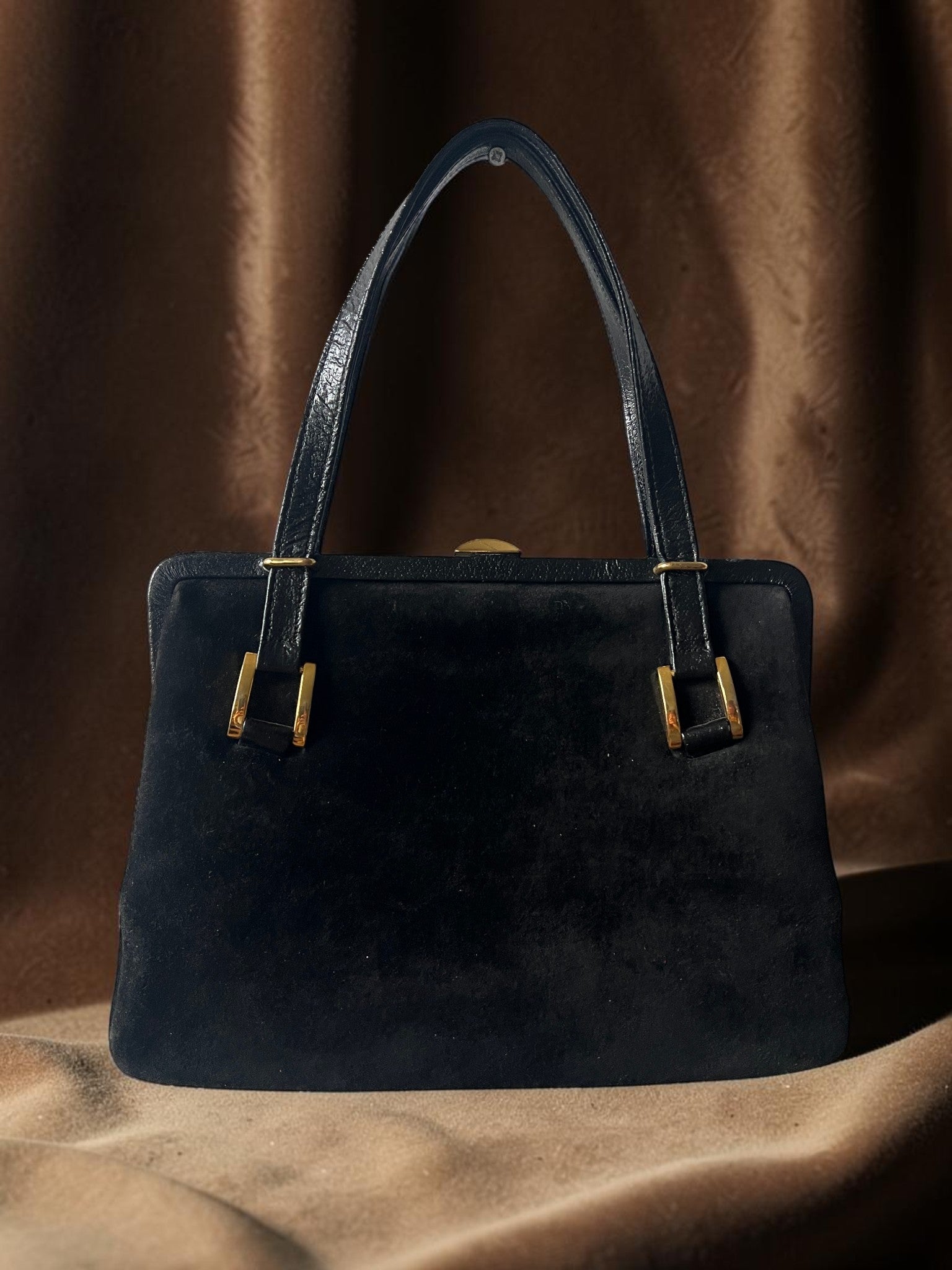 1960s Black Suede Gathered Charm Bag