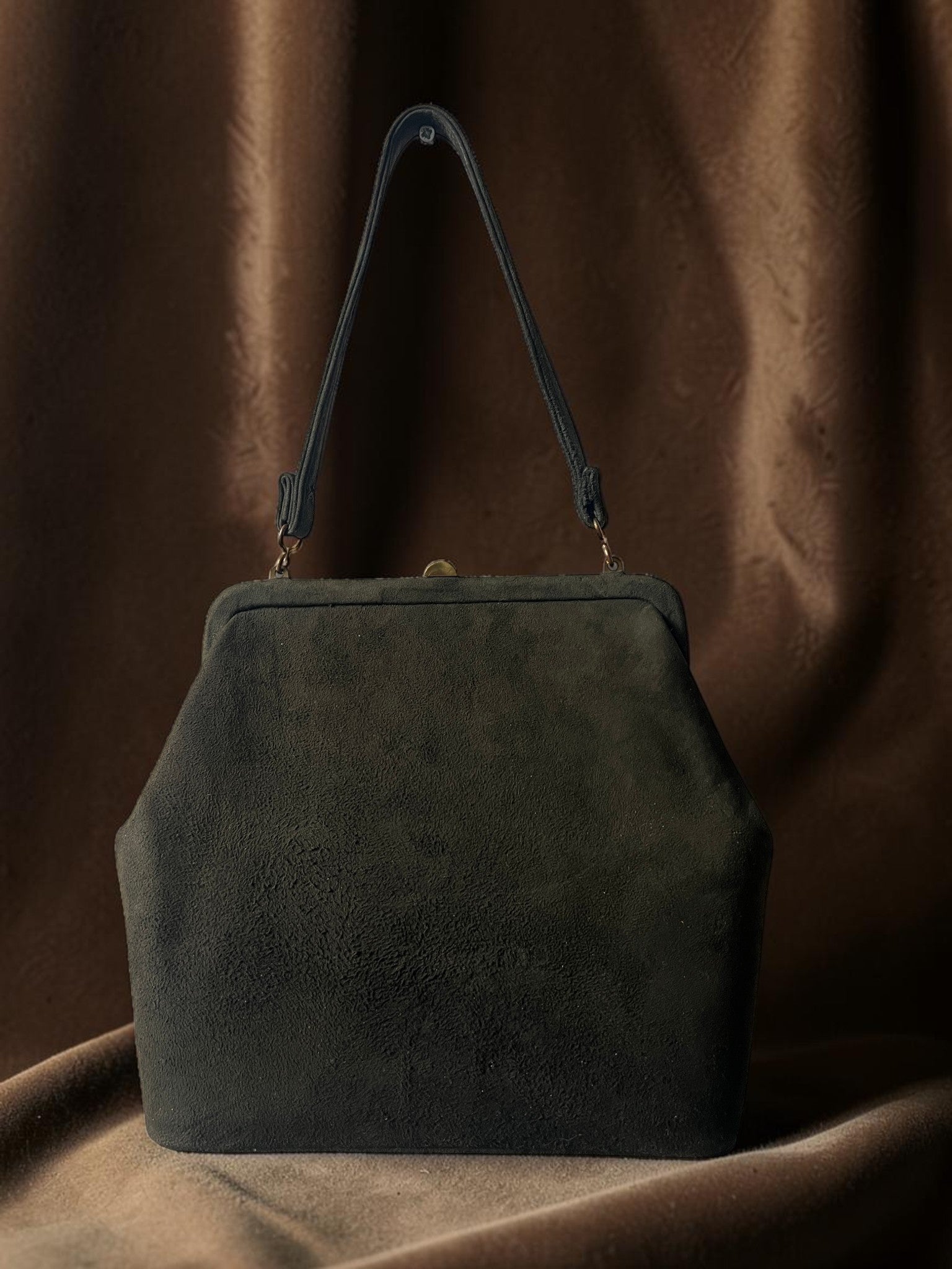 1940s Brown Suede Gathered Charm Bag