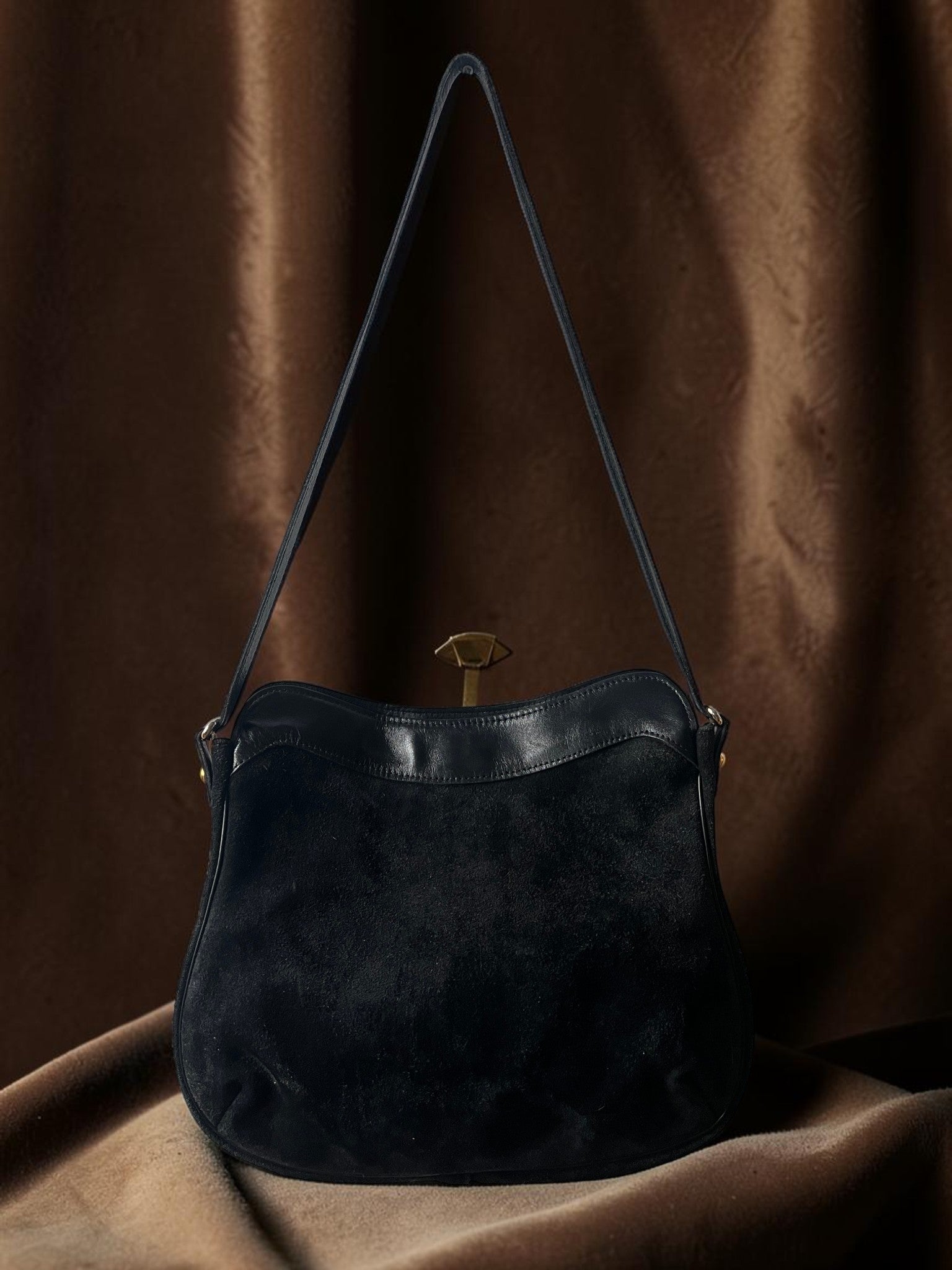 1960s Black Suede Gathered Charm Bag