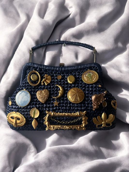 1960s Navy Raffia ‘Gathered Charm’ Bag