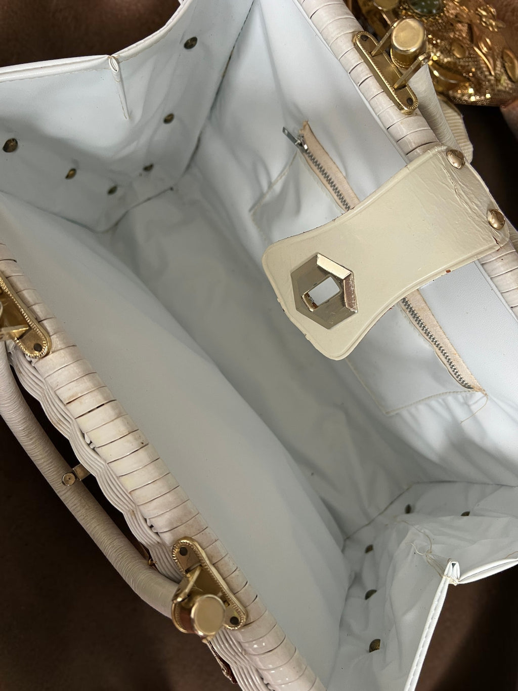 1960s White Wicker XL Gathered Charm Bag