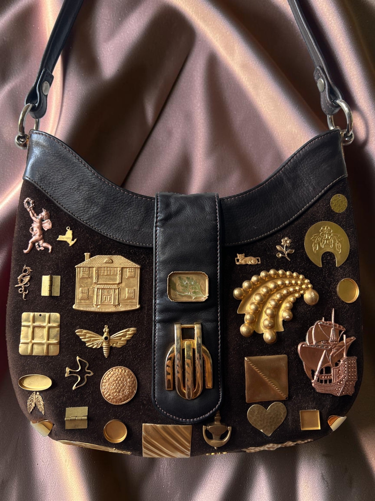 1960s Dark Brown Suede Gathered Charm Bag