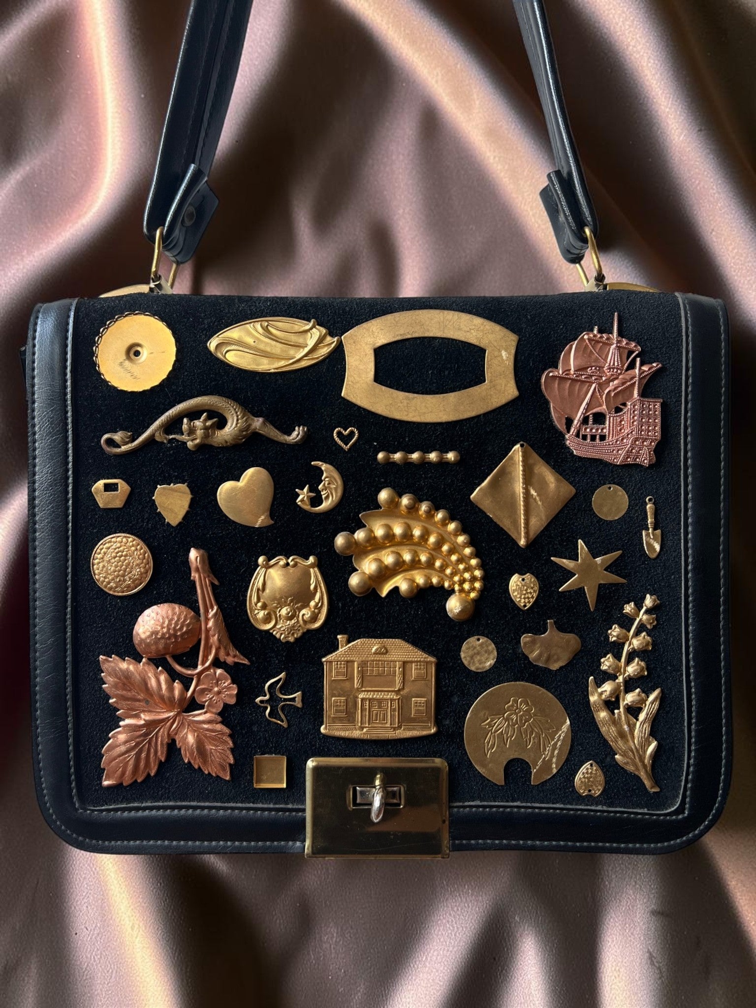 1960s Black Suede Gathered Charm Bag