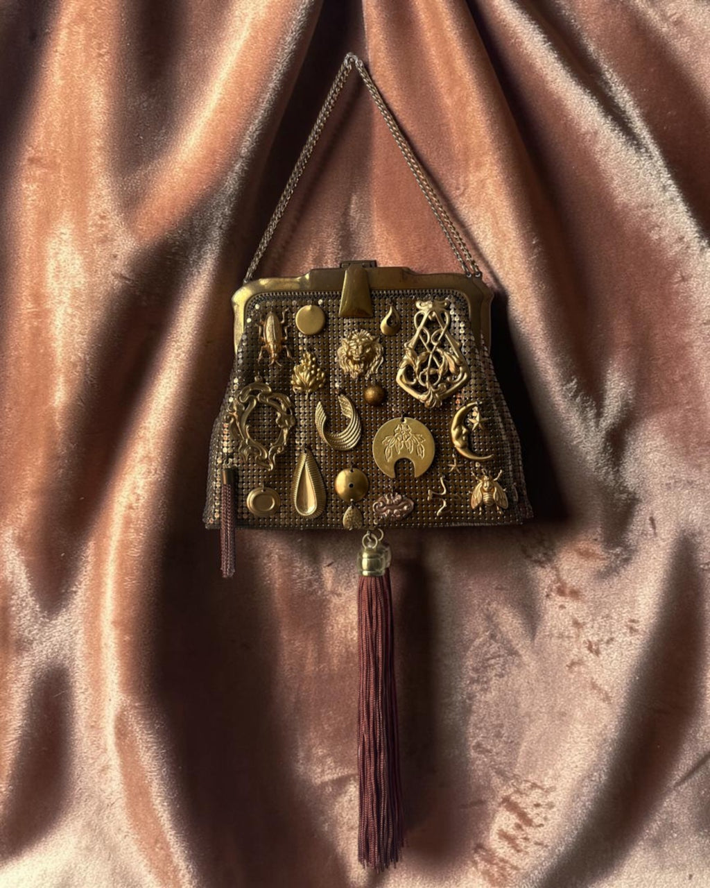 Gold Mesh Tasseled Gathered Charm Bag