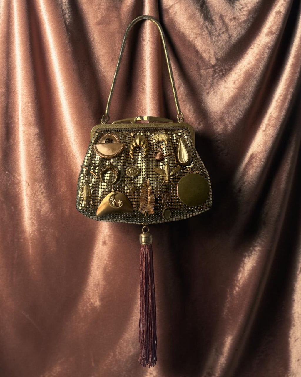 Gold Mesh Tasseled Gathered Charm Bag