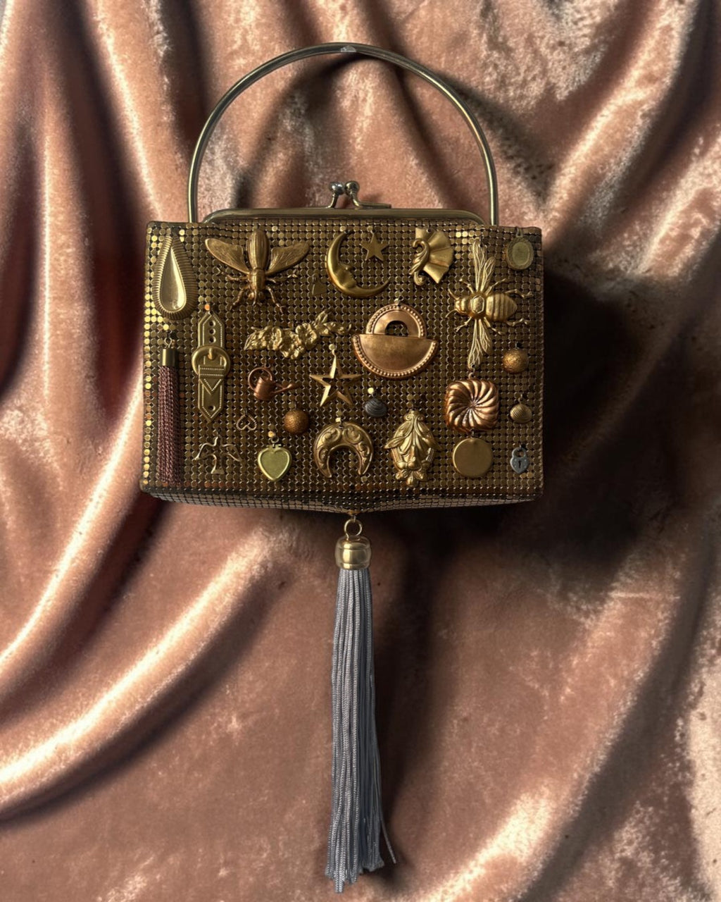 Gold Mesh Tasseled Gathered Charm Bag
