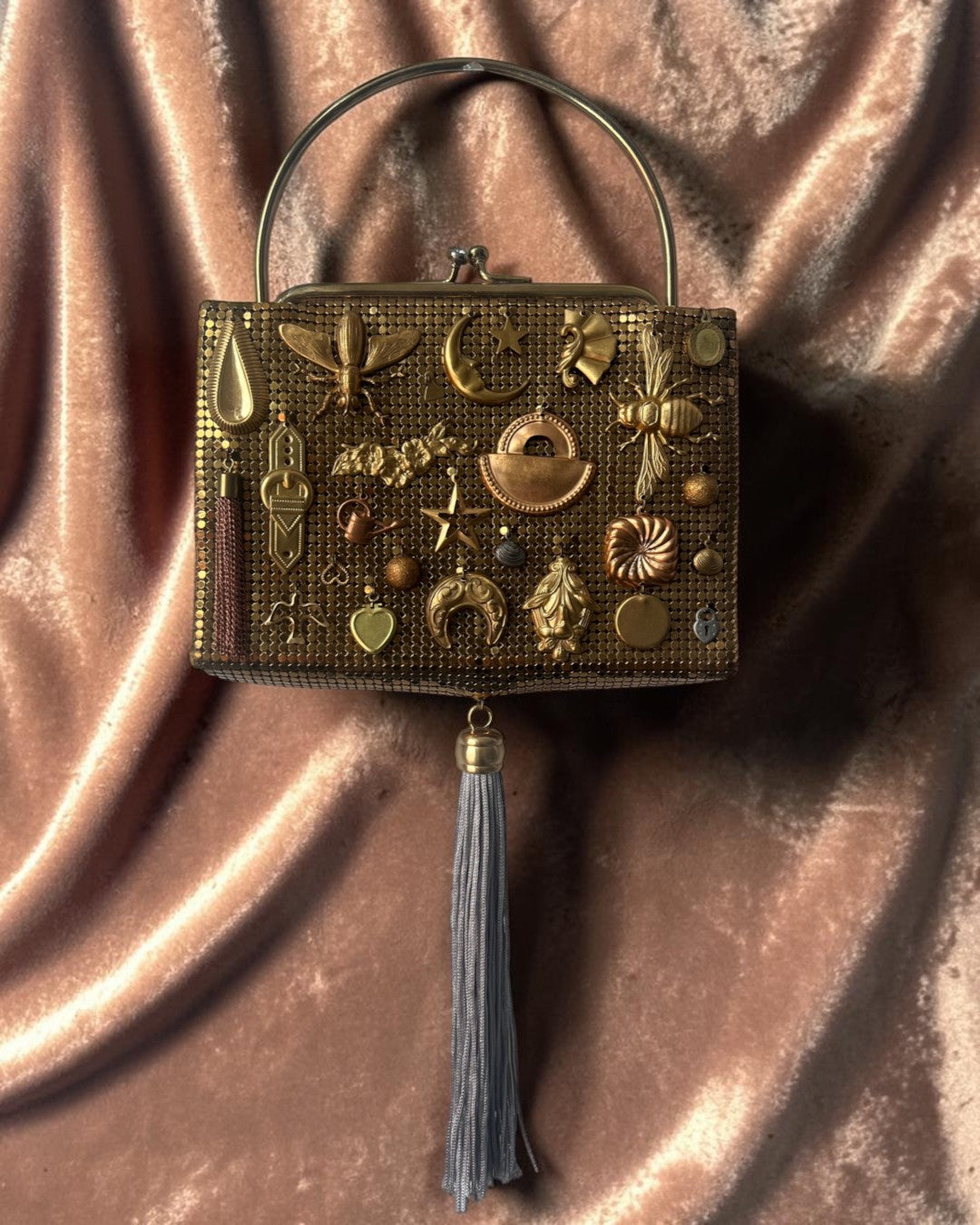 Gold Mesh Tasseled Gathered Charm Bag