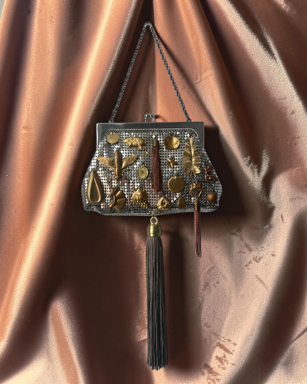 Silver Mesh Tasseled Gathered Charm Bag