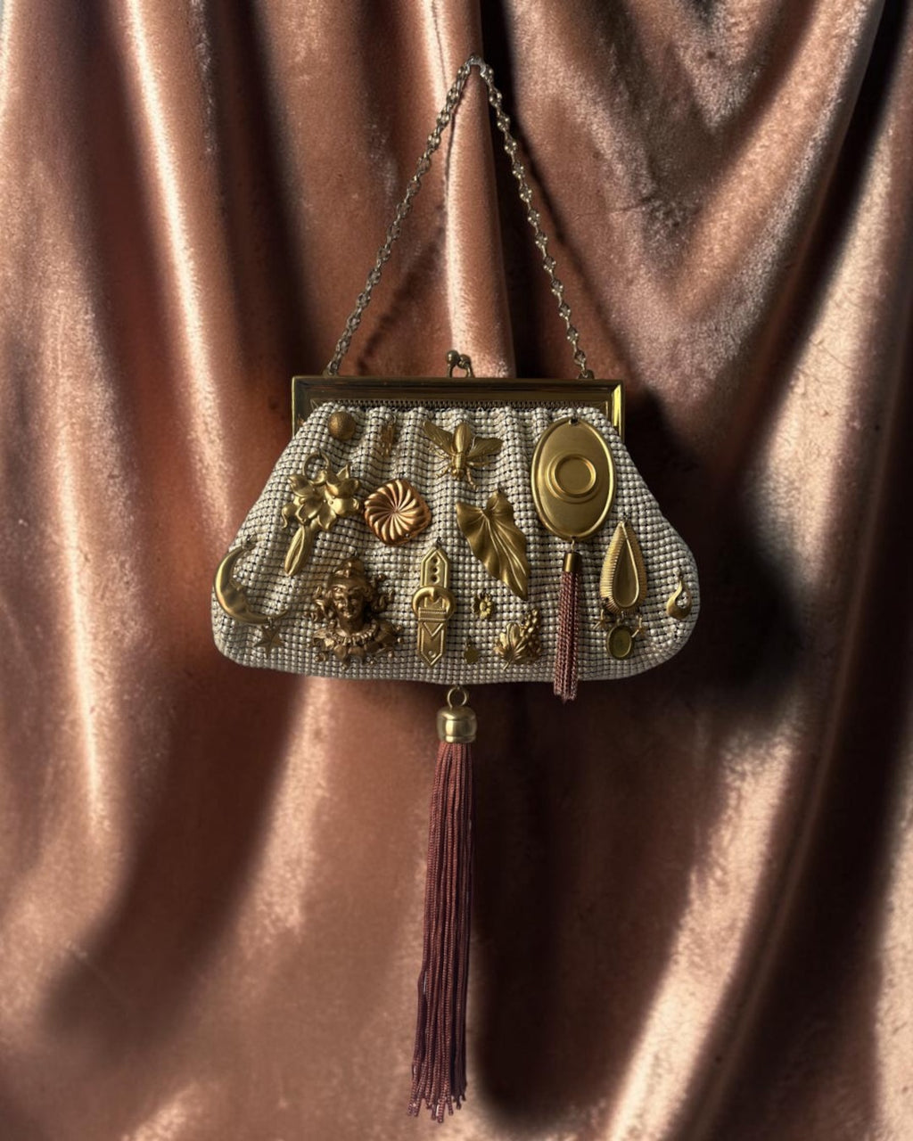 Ivory Mesh Tasseled Gathered Charm Bag