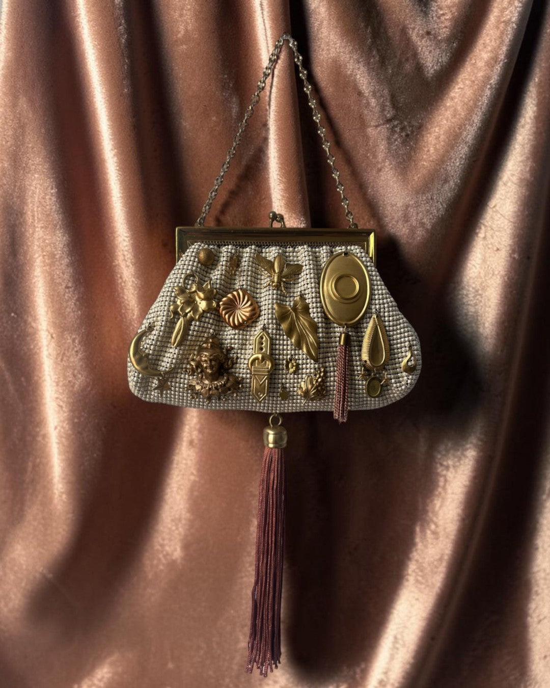 Ivory Mesh Tasseled Gathered Charm Bag