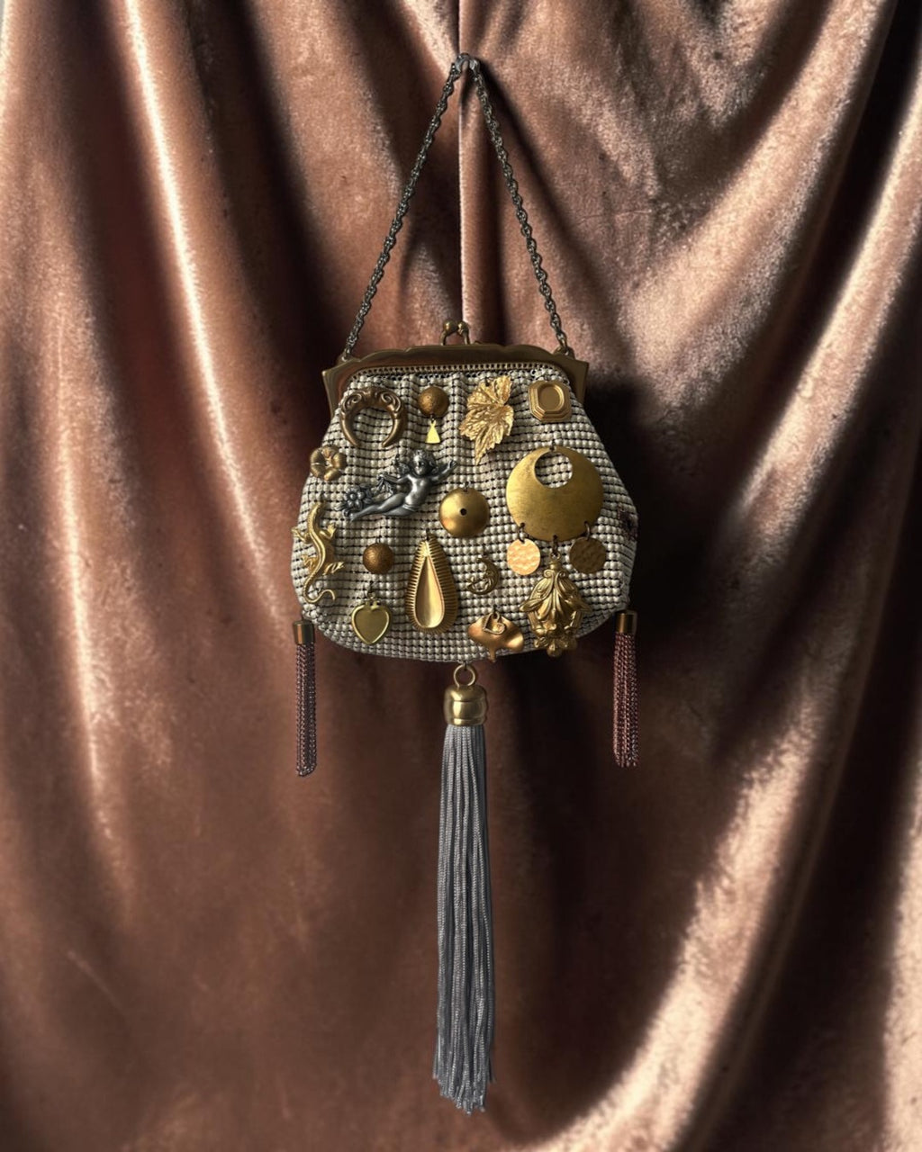 Ivory Mesh Tasseled Gathered Charm Bag