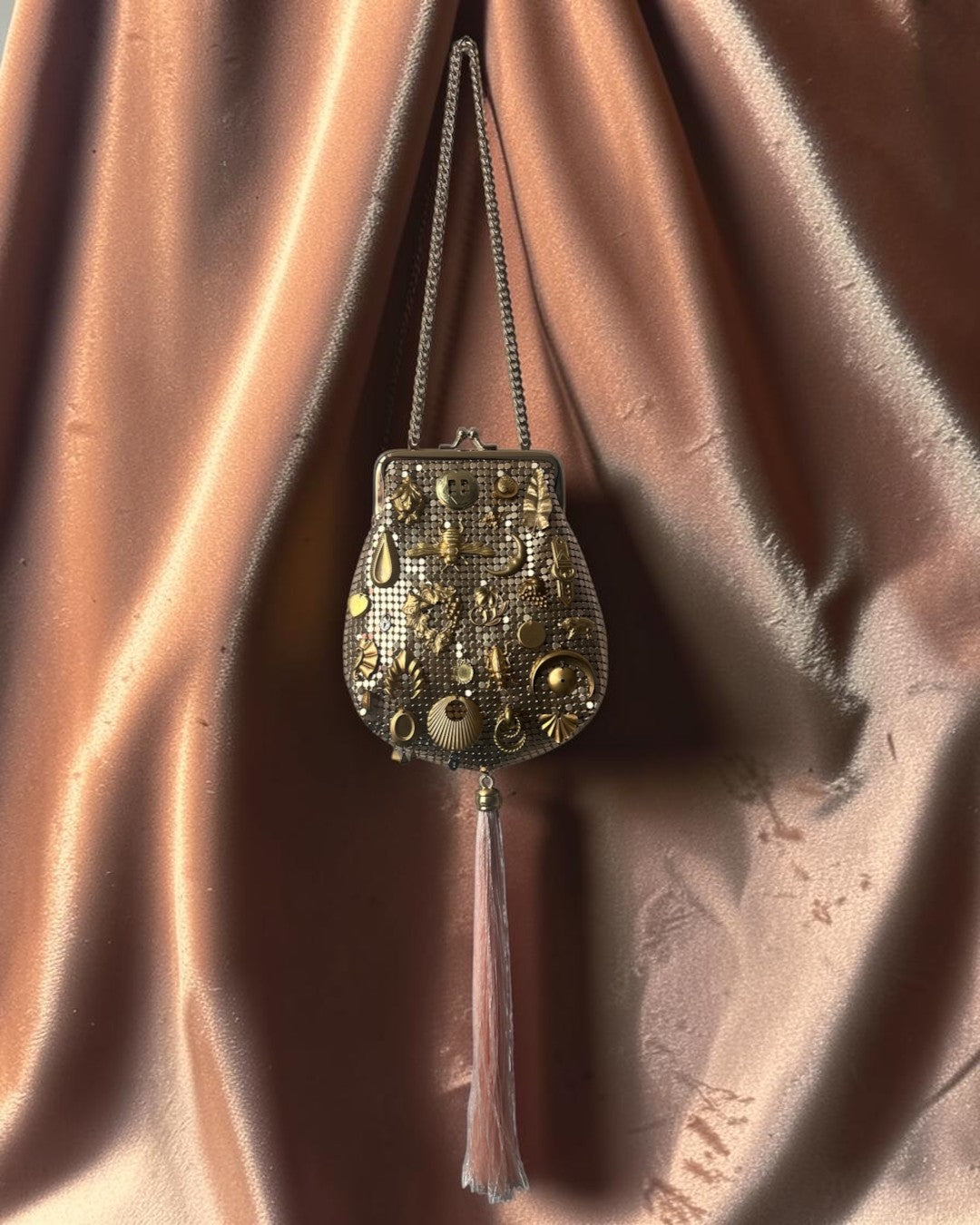 Rose Gold Mesh Tasseled Gathered Charm Bag