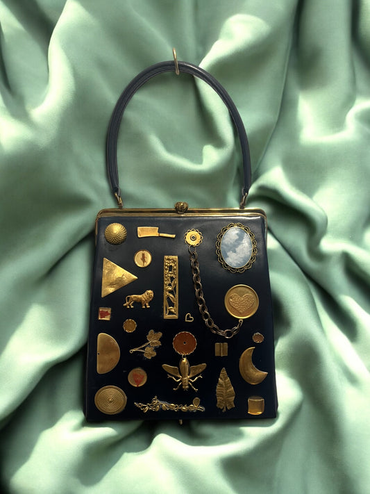 1950s Navy Leather Vertical Fabric ‘Gathered Charm’ Bag