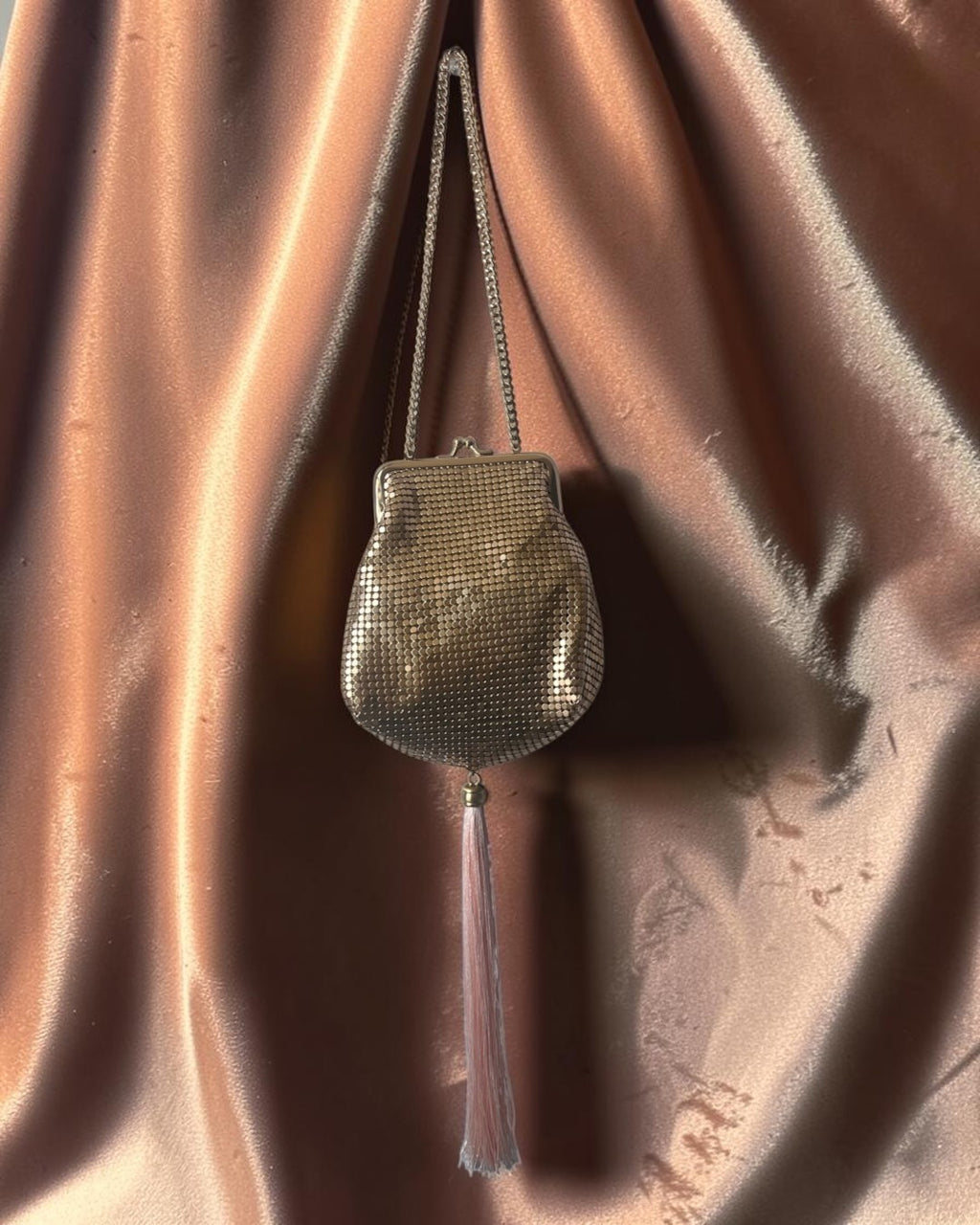 Rose Gold Mesh Tasseled Gathered Charm Bag