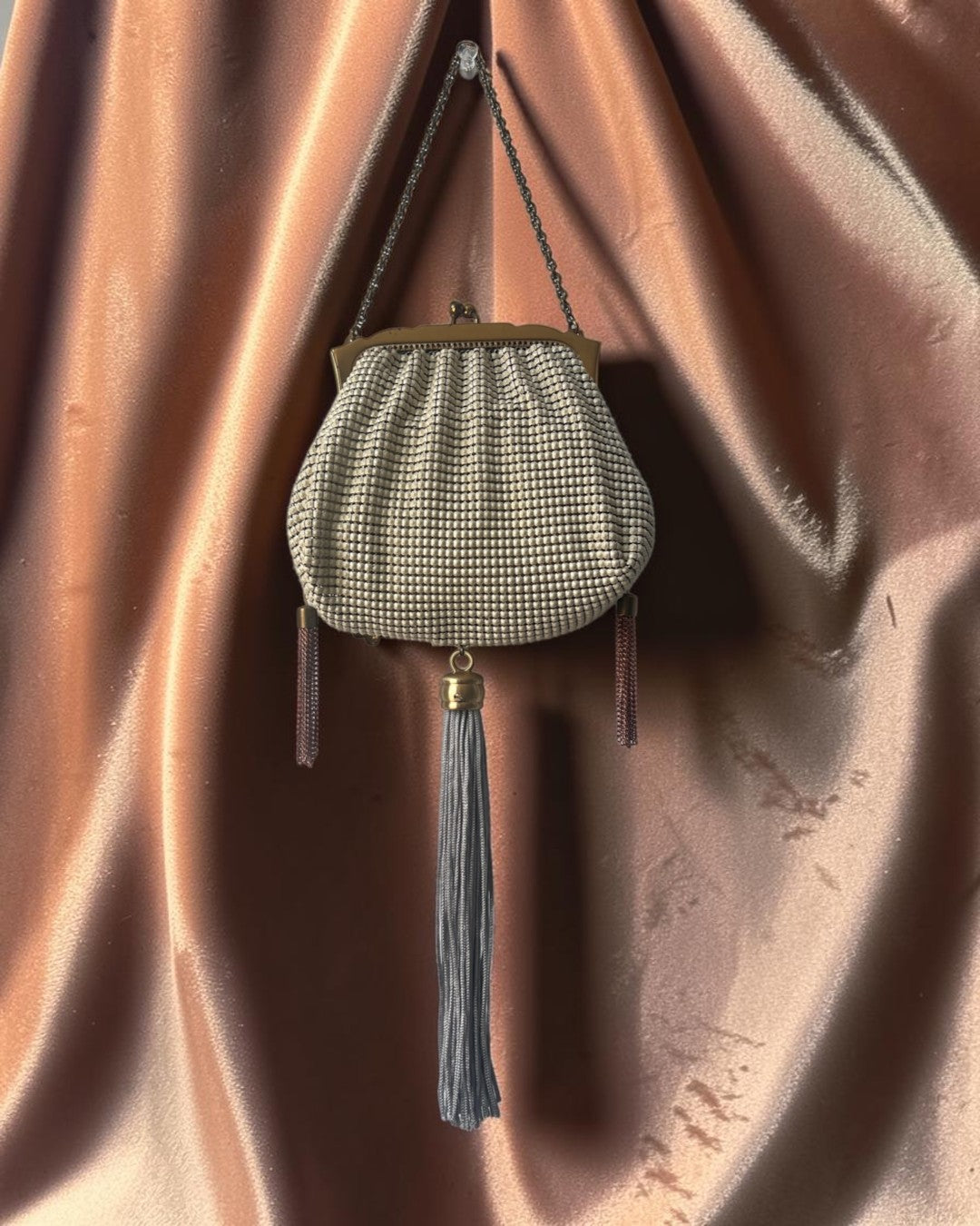 Ivory Mesh Tasseled Gathered Charm Bag