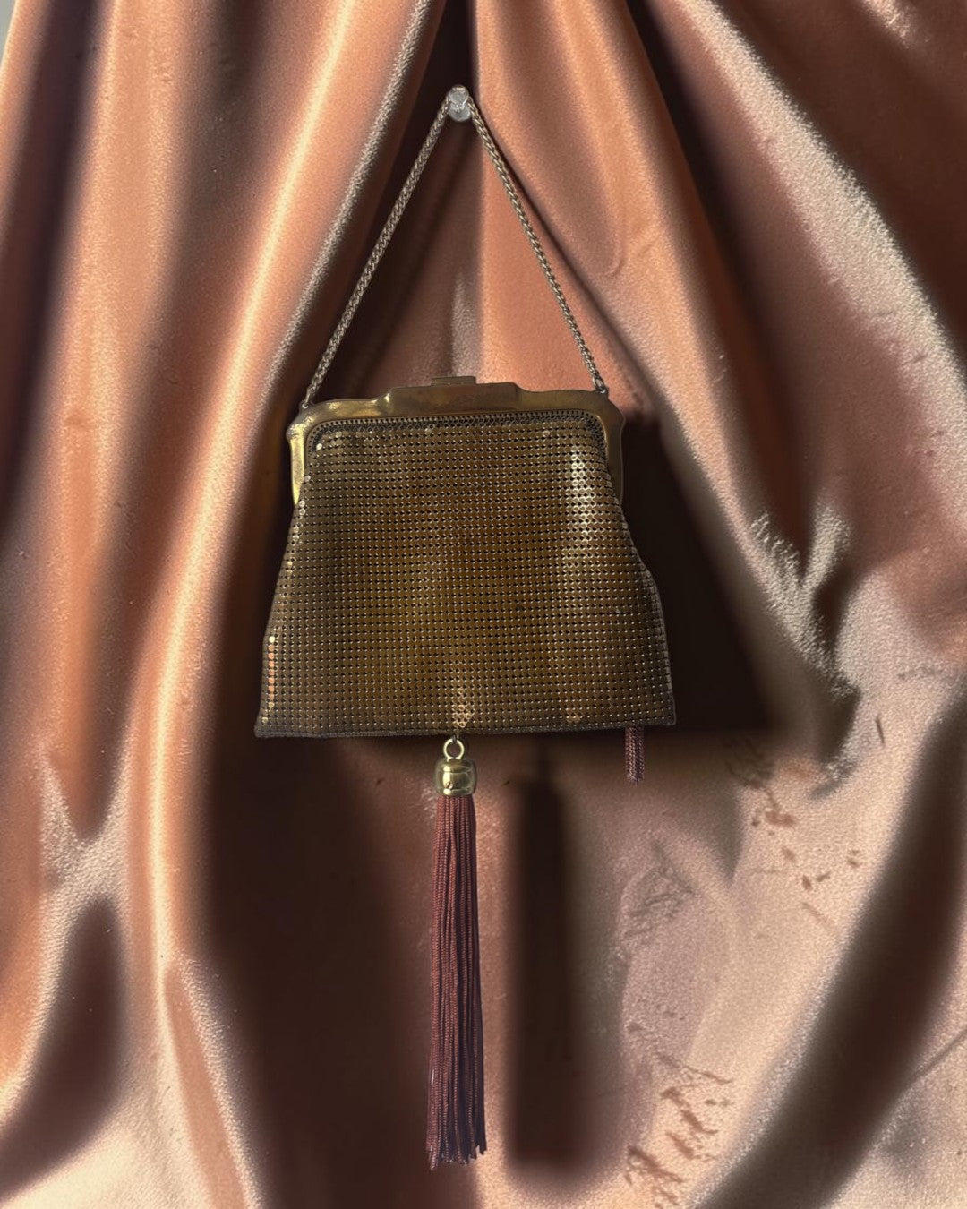 Gold Mesh Tasseled Gathered Charm Bag