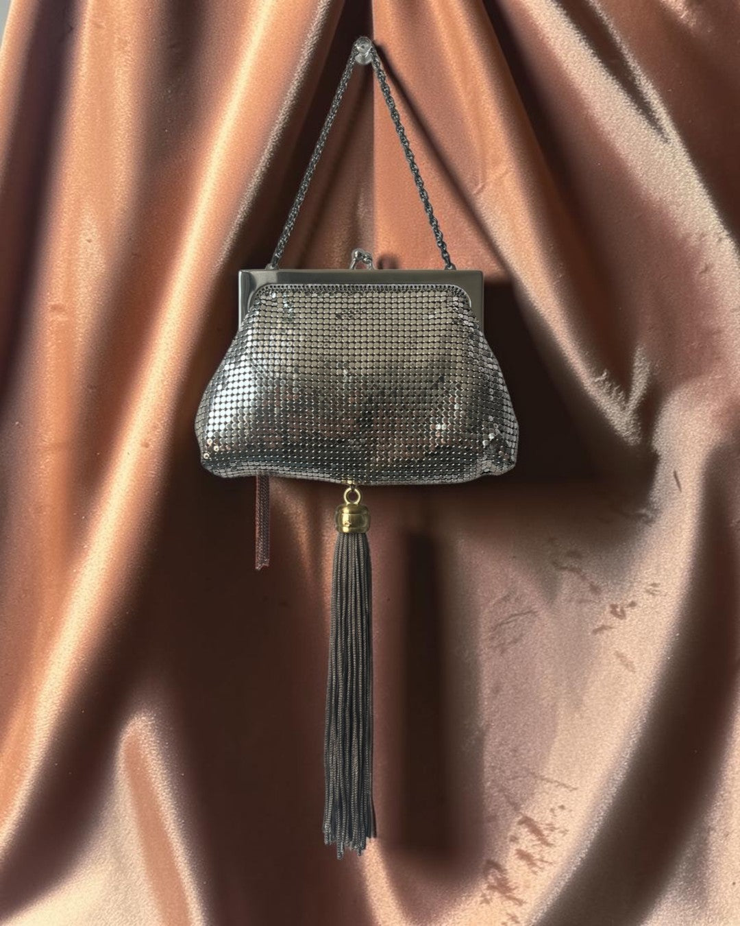 Silver Mesh Tasseled Gathered Charm Bag
