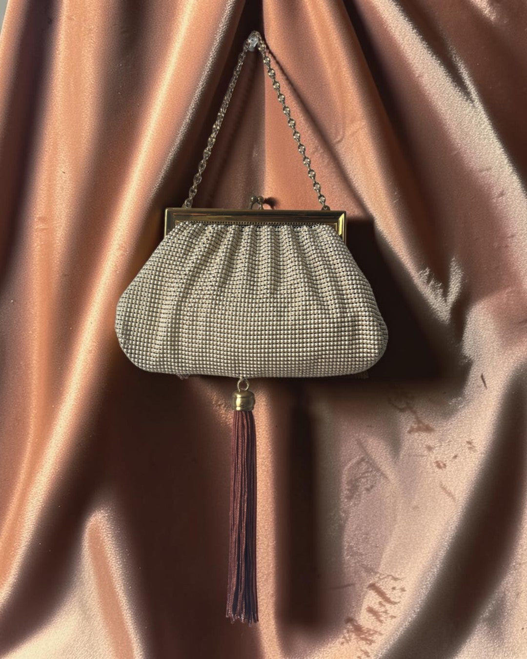 Ivory Mesh Tasseled Gathered Charm Bag