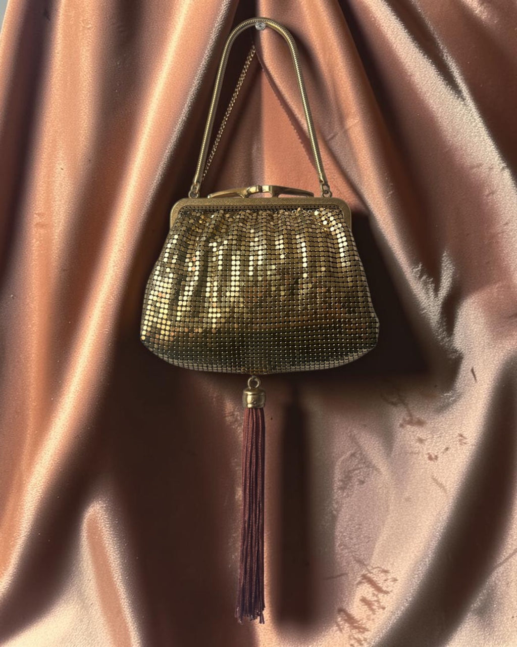 Gold Mesh Tasseled Gathered Charm Bag