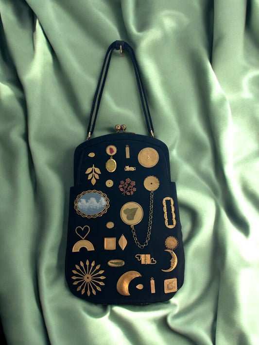 1940s Black Vertical Fabric ‘Gathered Charm’ Bag