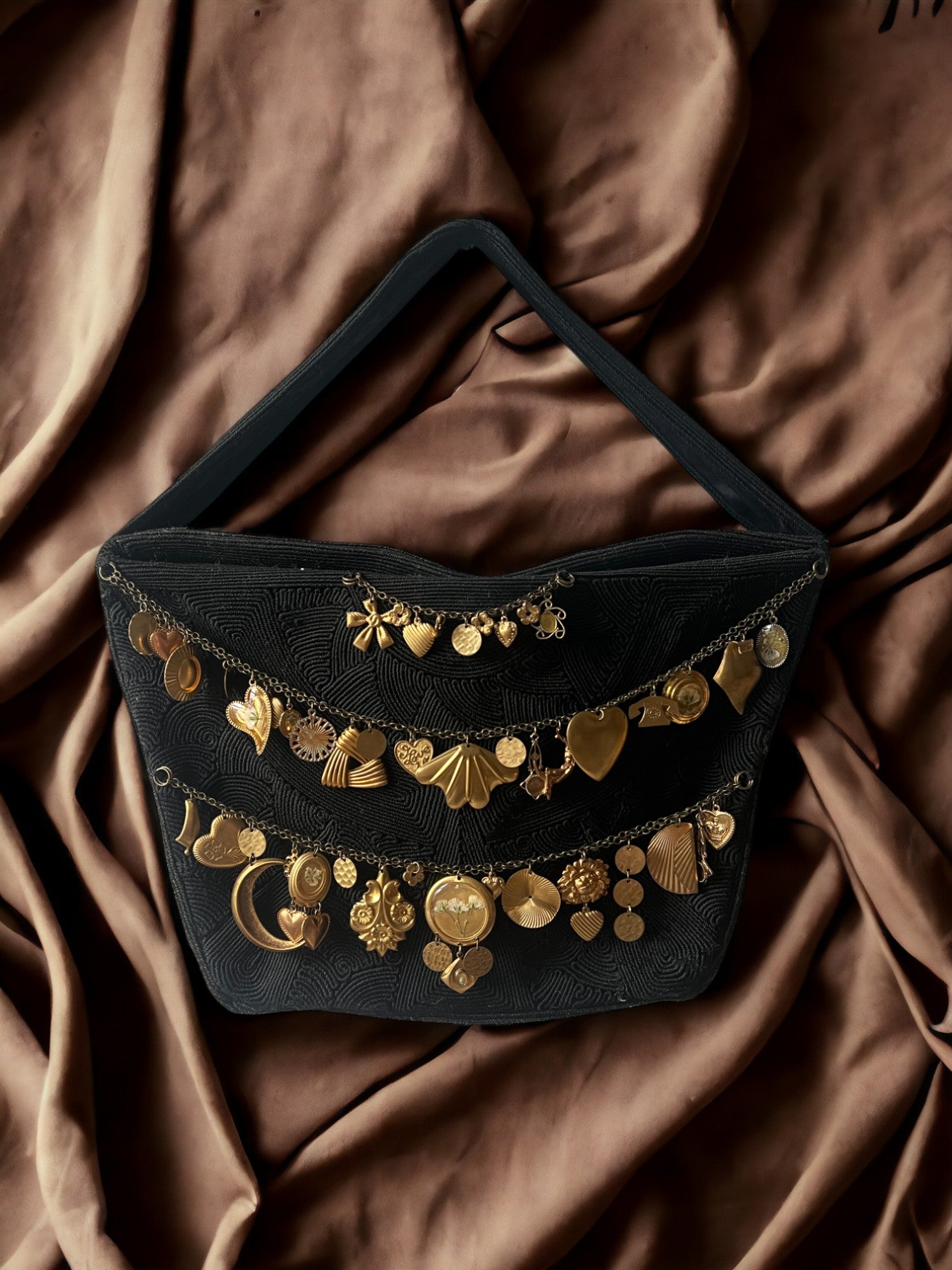1940s Black Cordé ‘Gathered Charm’ Chain Bag