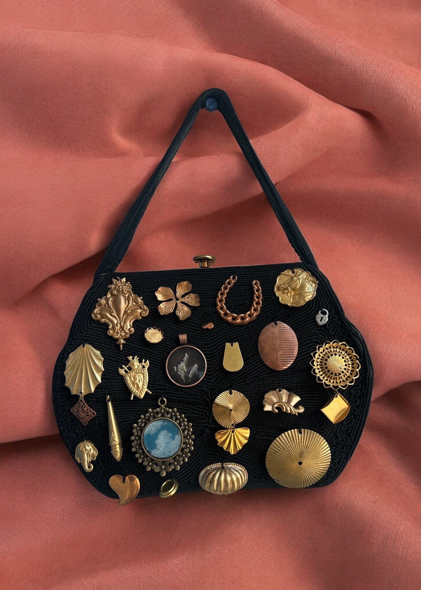 1940s Black Corde Gathered Charm Bag