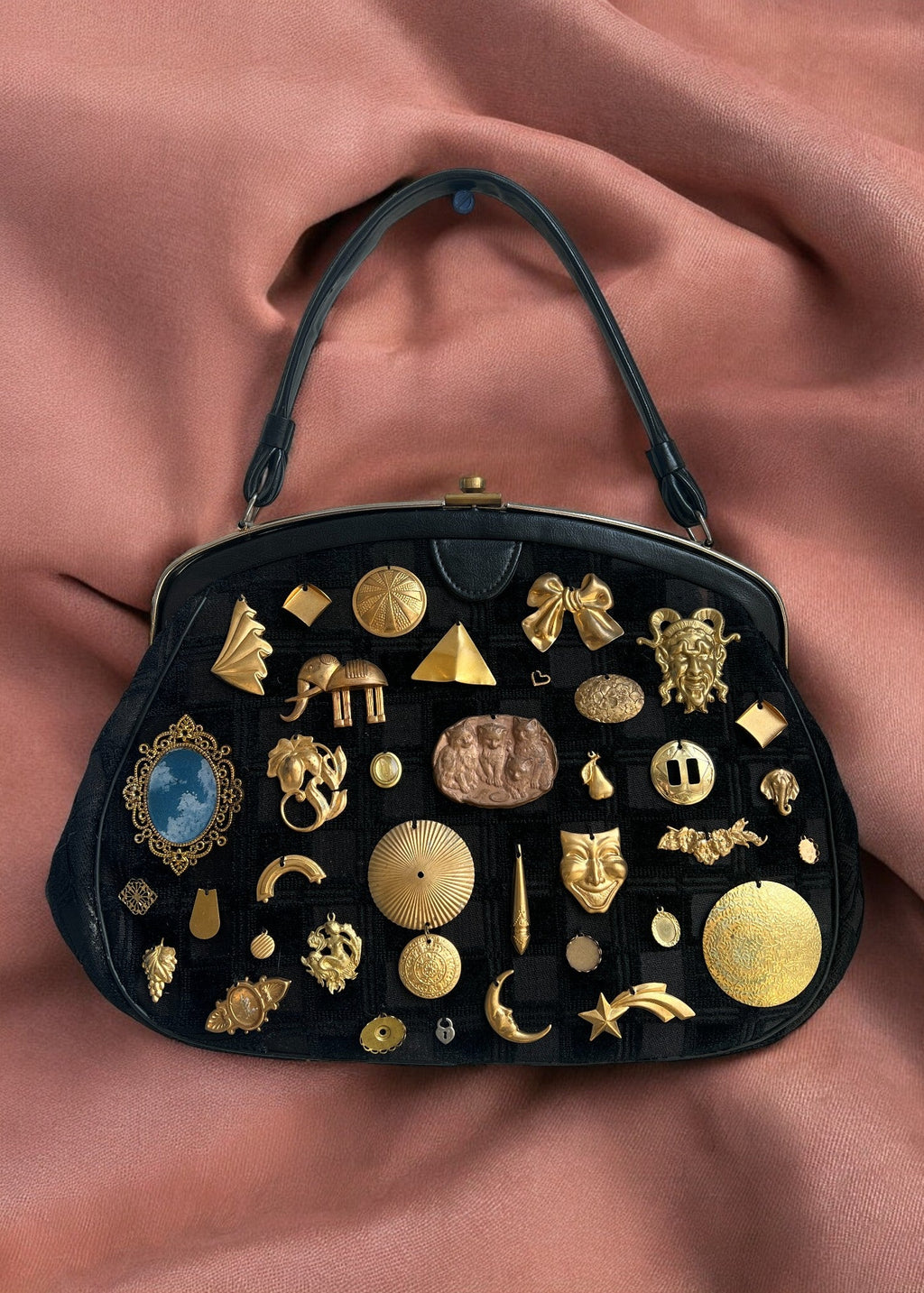 1960s Black Large Tapestry Gathered Charm Bag