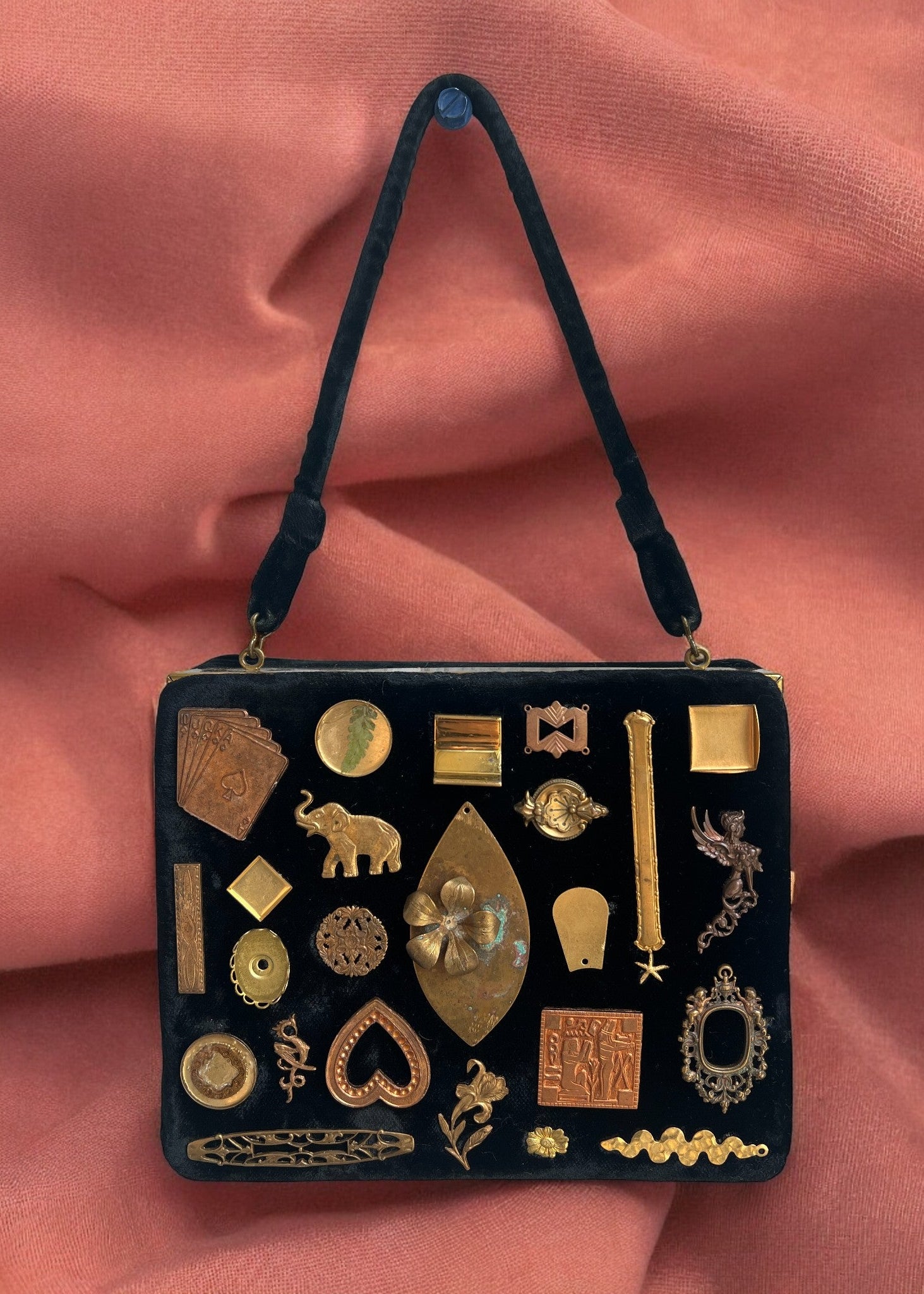 1930s Black Velvet Gathered Charm Bag