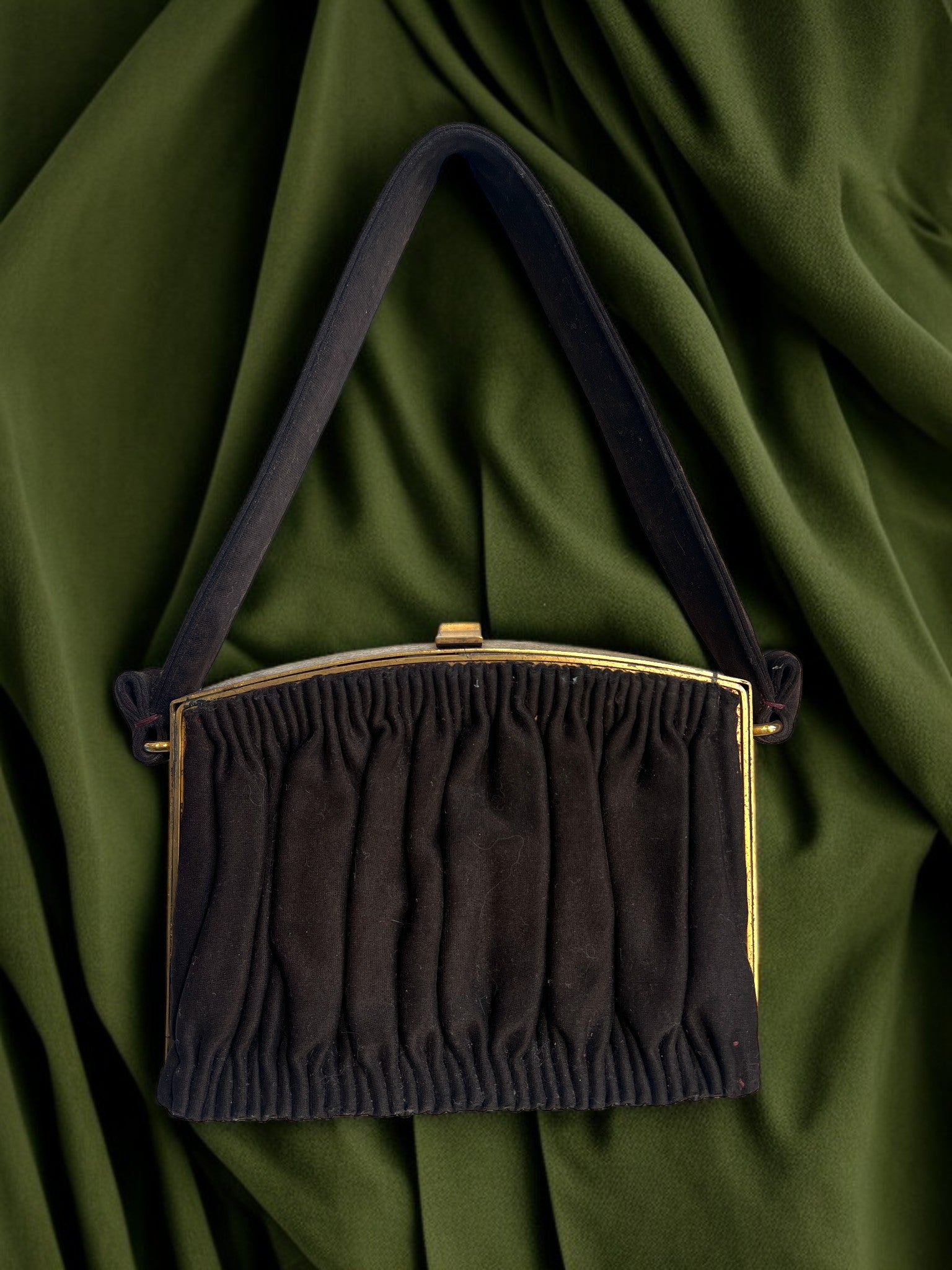 1930s Brown Suede and Brass Gathered Charm Bag