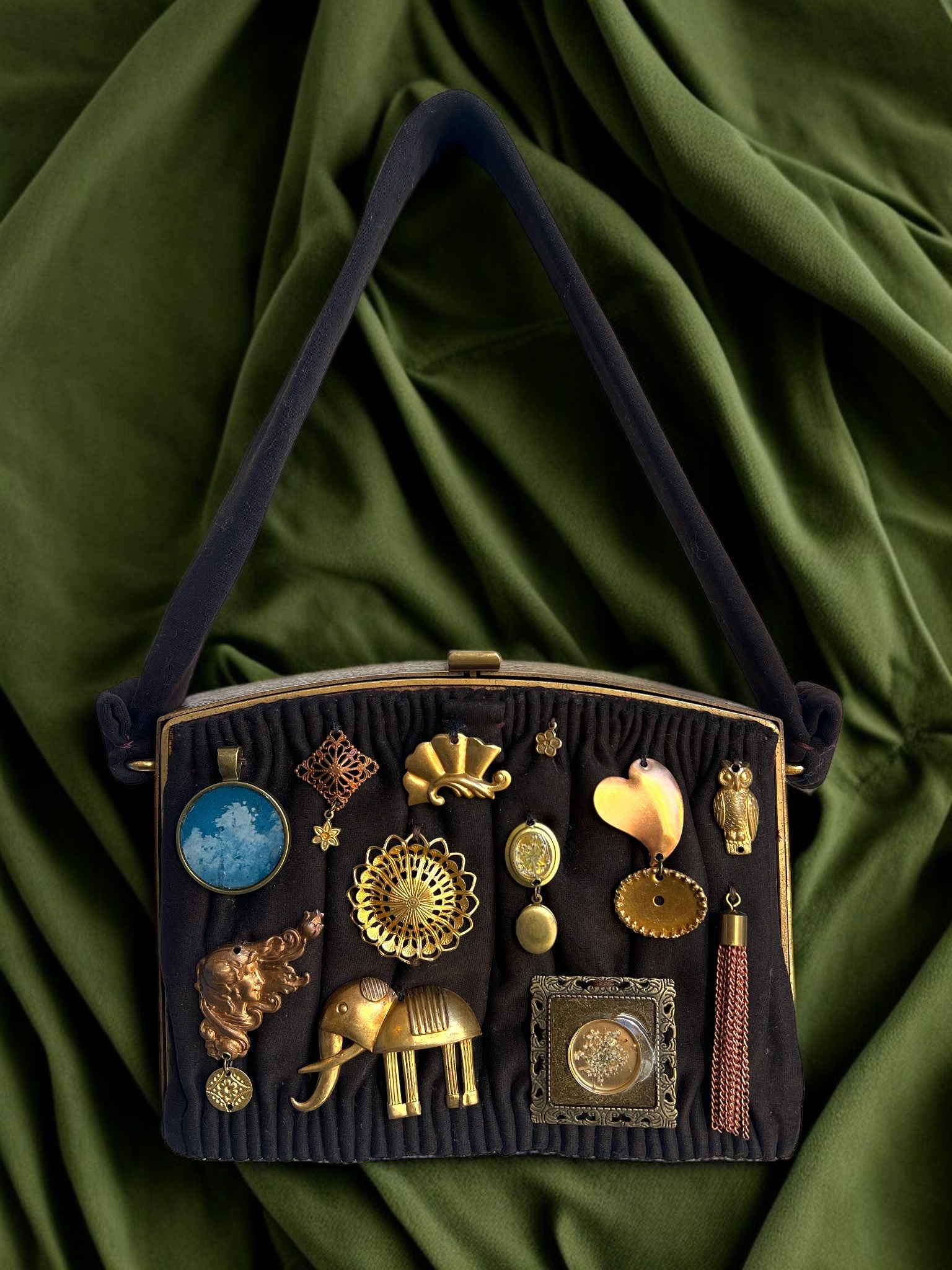 1930s Brown Suede and Brass Gathered Charm Bag