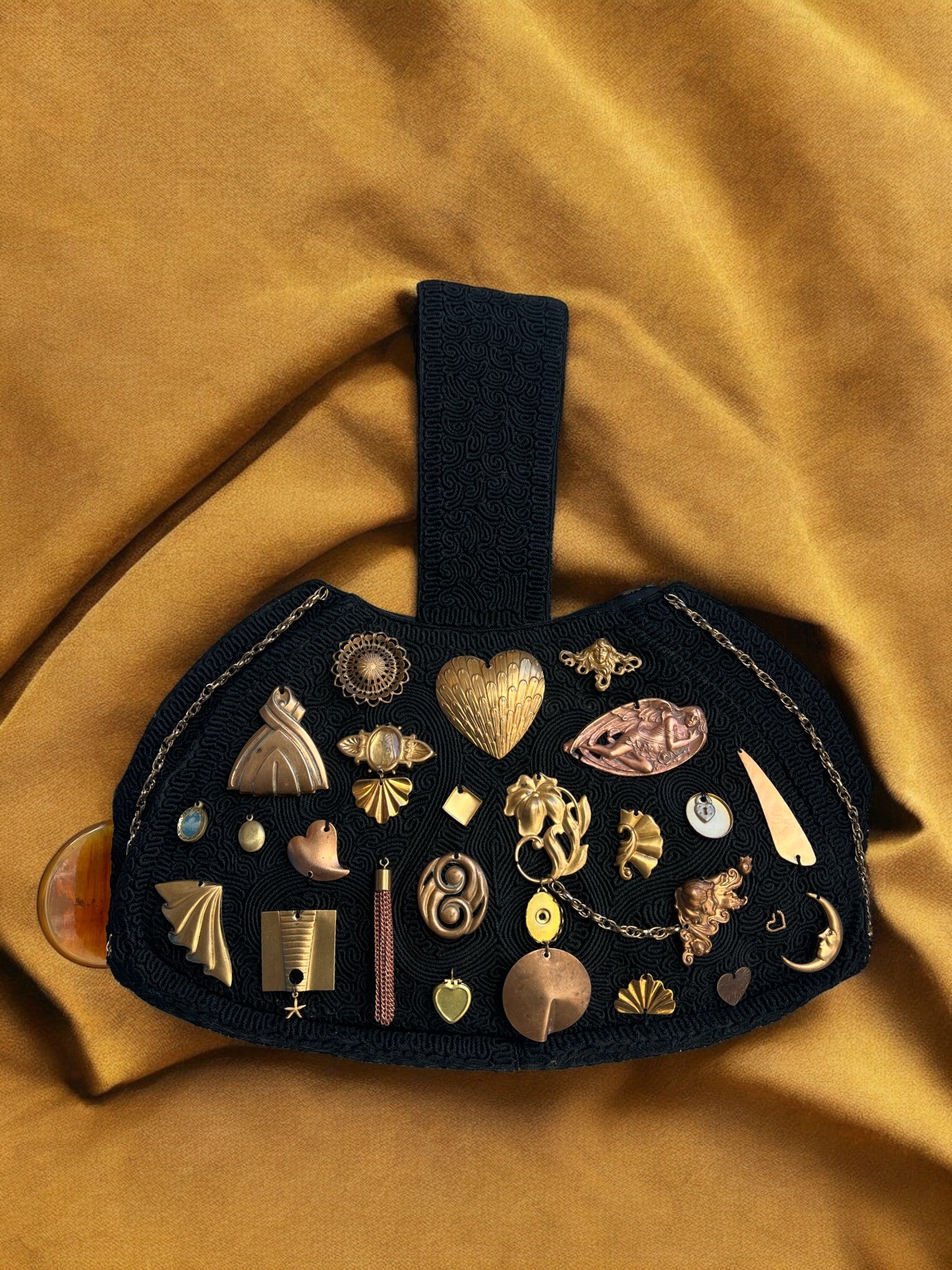 1940s Black Corde Clutch Gathered Charm Bag