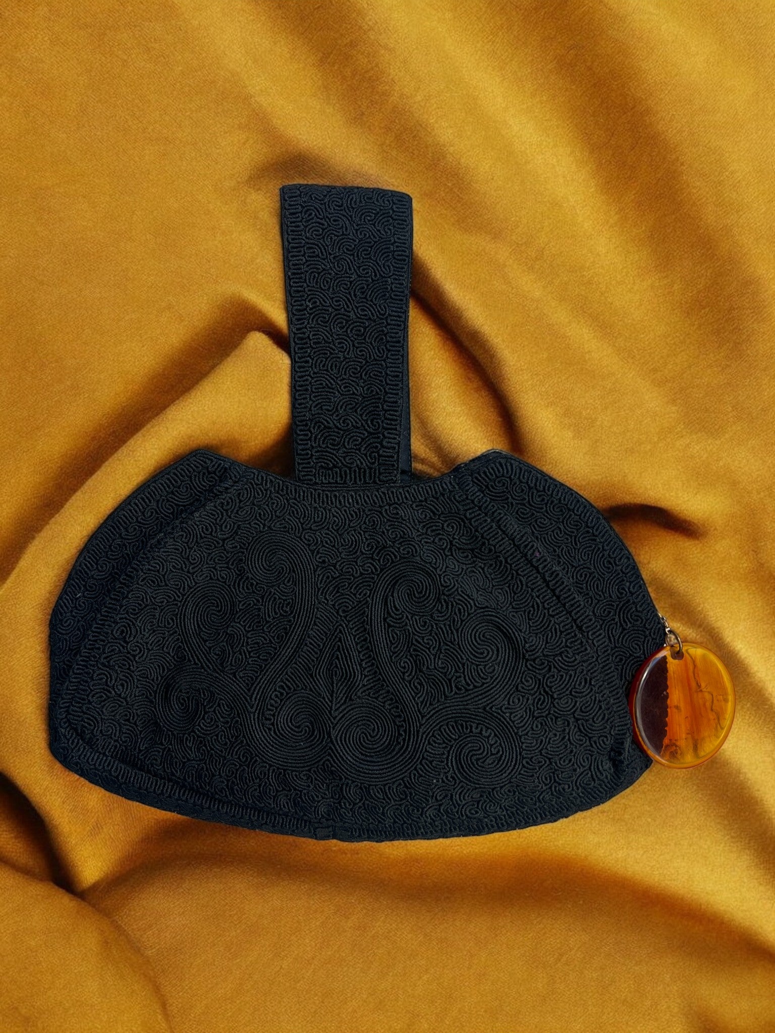 1940s Black Corde Clutch Gathered Charm Bag