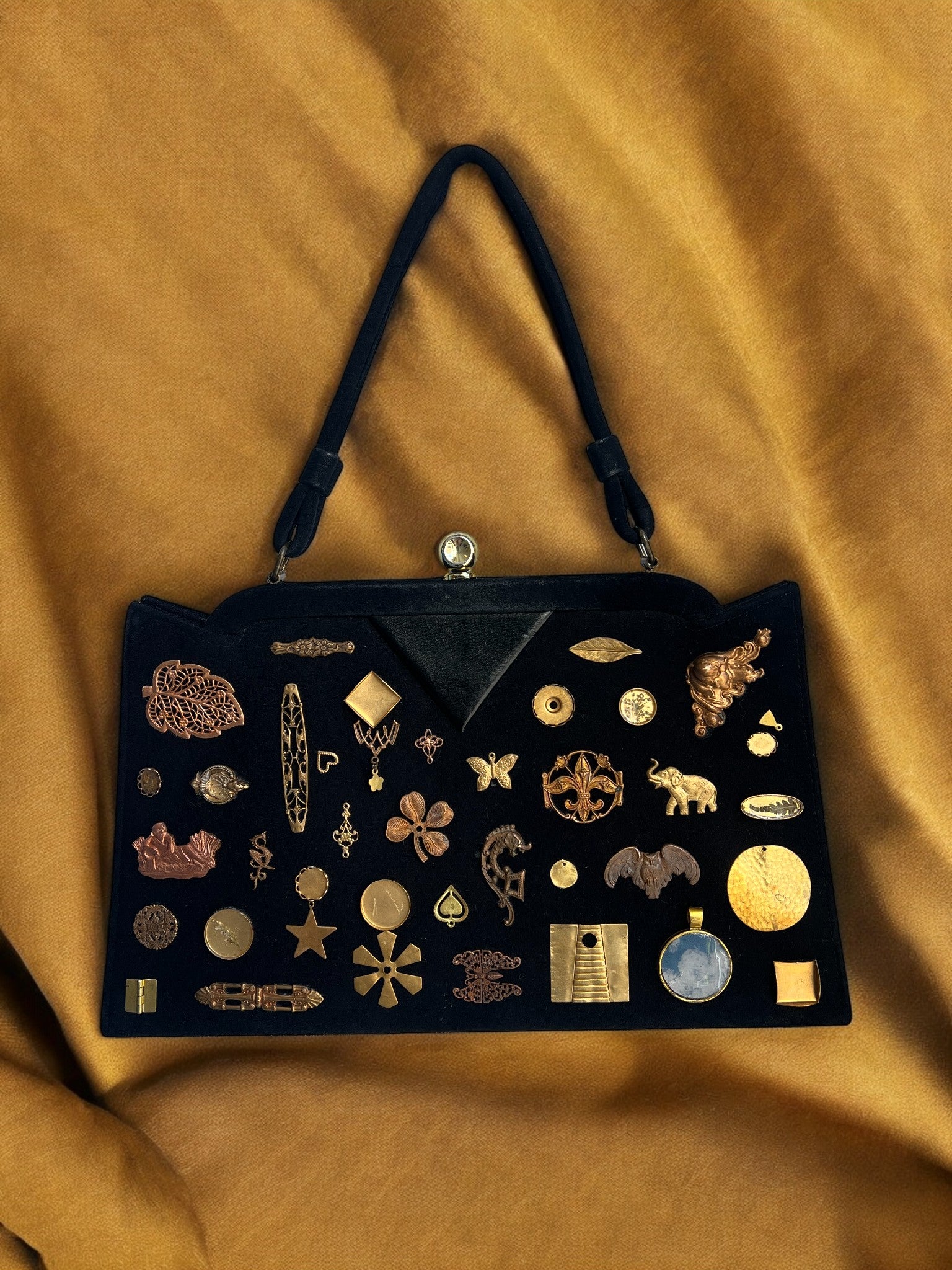 1960s Black Suede leather triangle Gathered Charm Bag