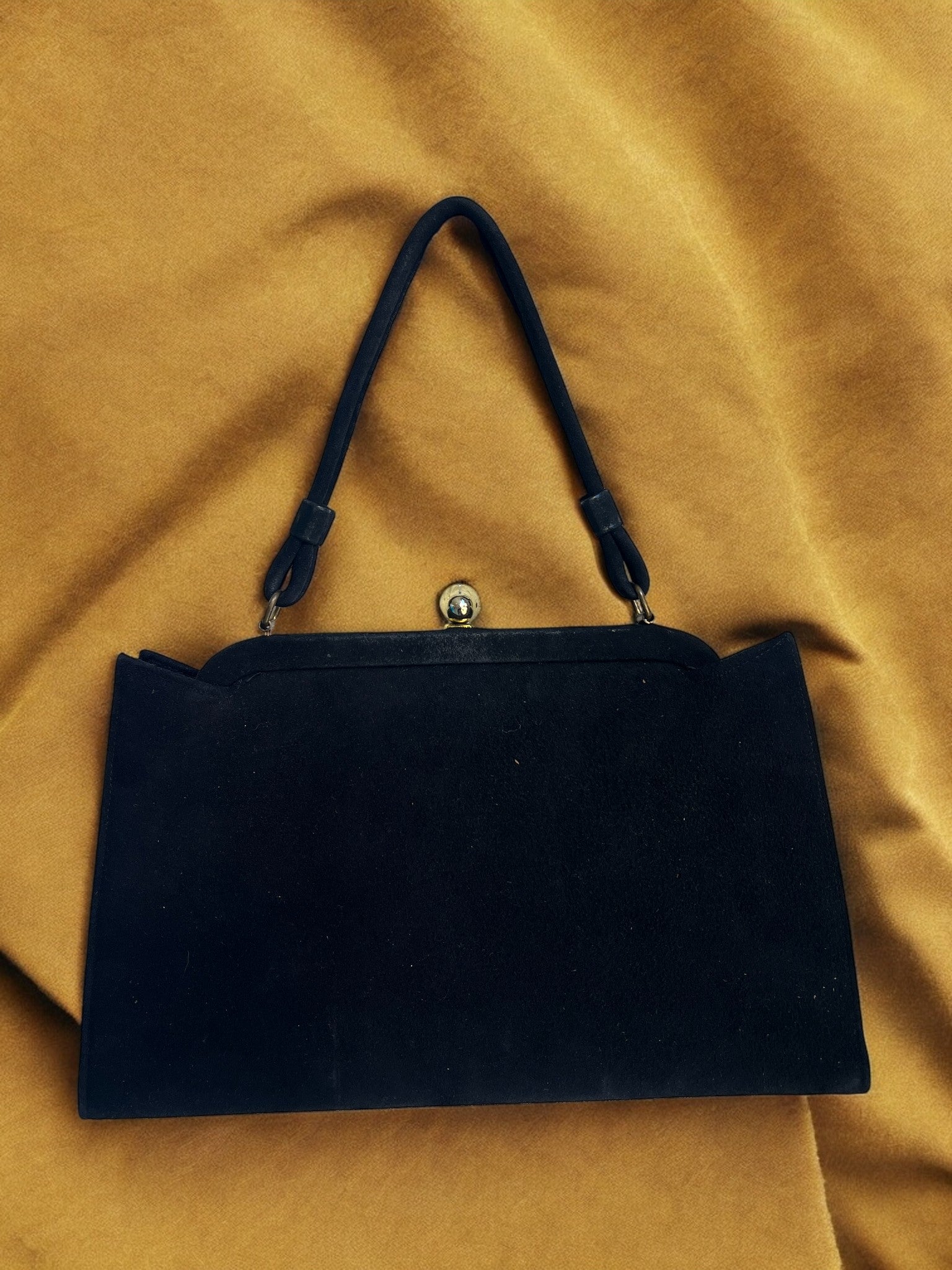 1960s Black Suede leather triangle Gathered Charm Bag