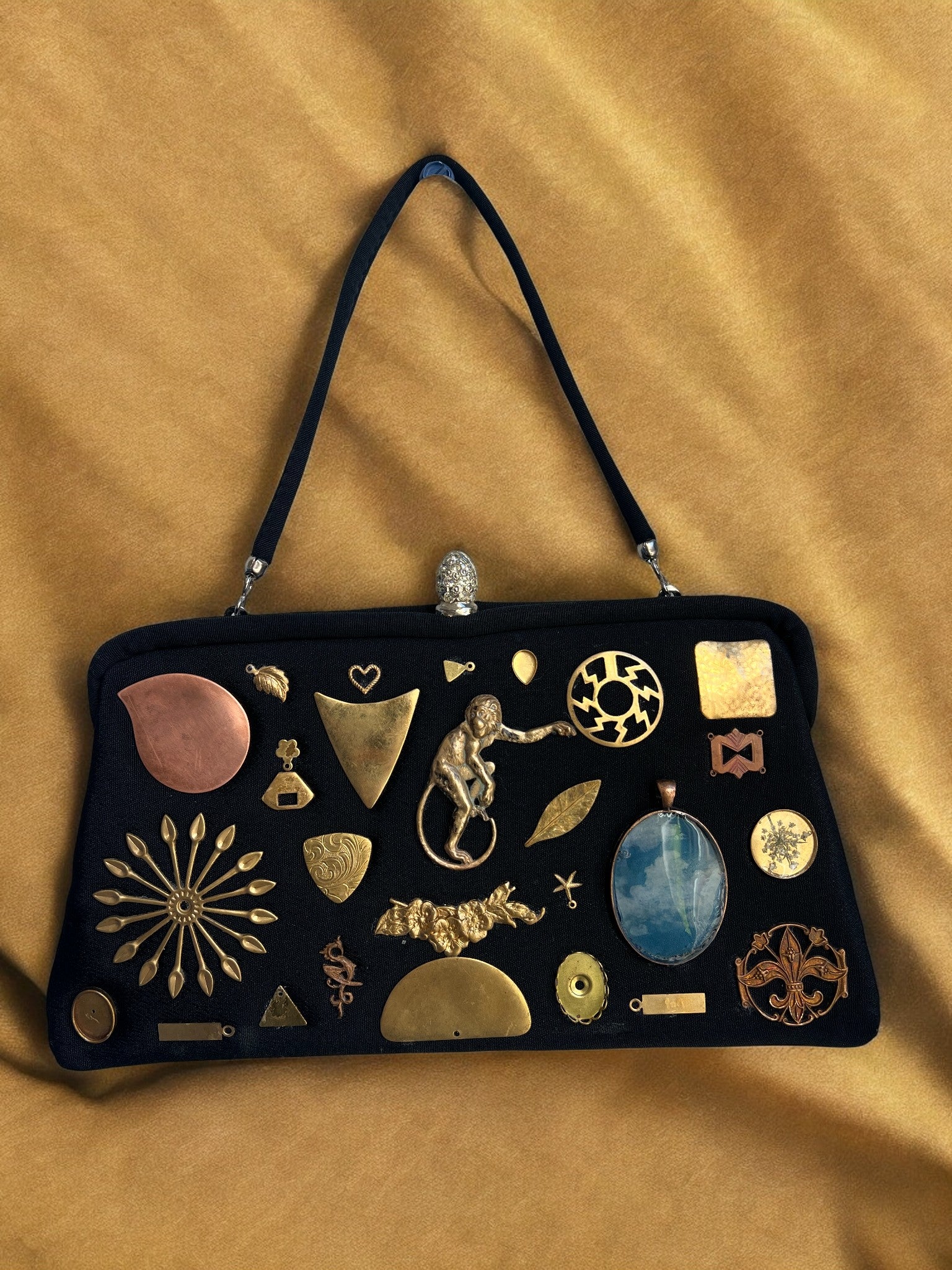 1950s Black Fabric Monkey Gathered Charm Bag