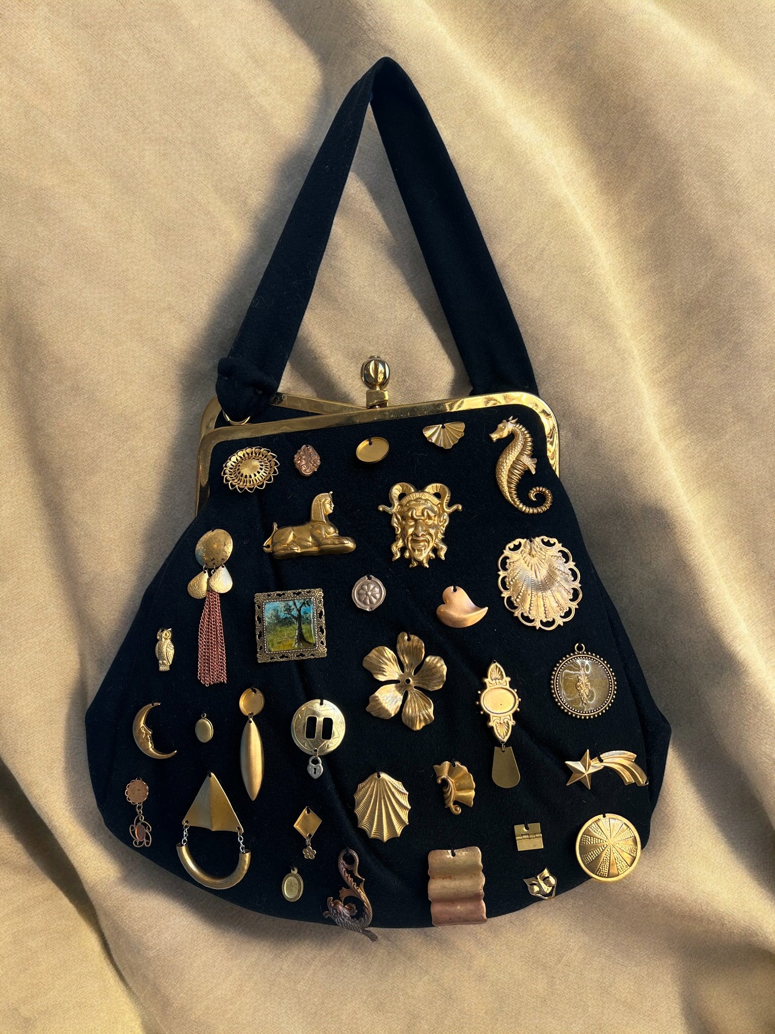 1960s Black Large Clamshell Gathered Charm Bag