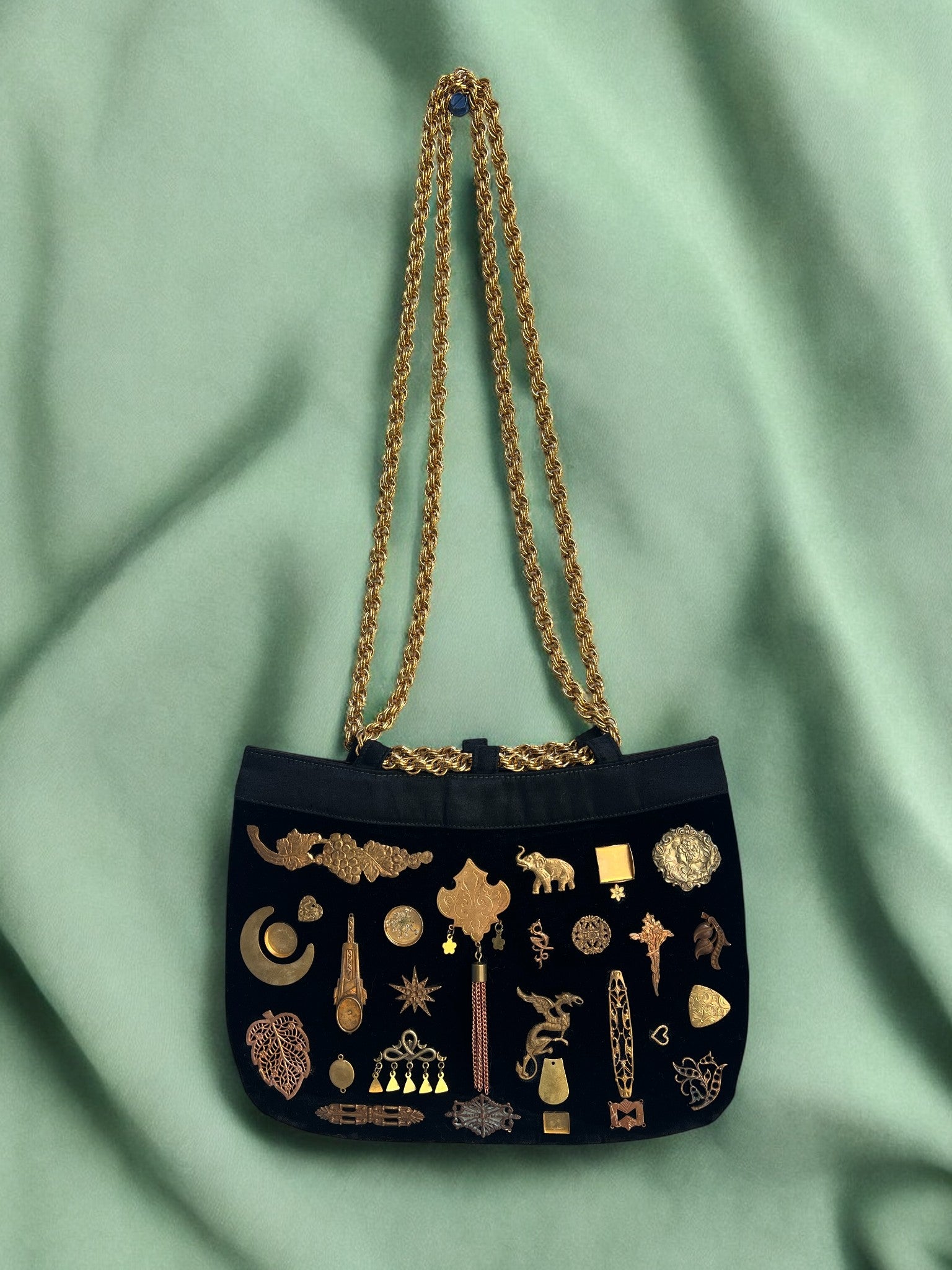 1980s Black Velvet Gold Chain Gathered Charm Bag