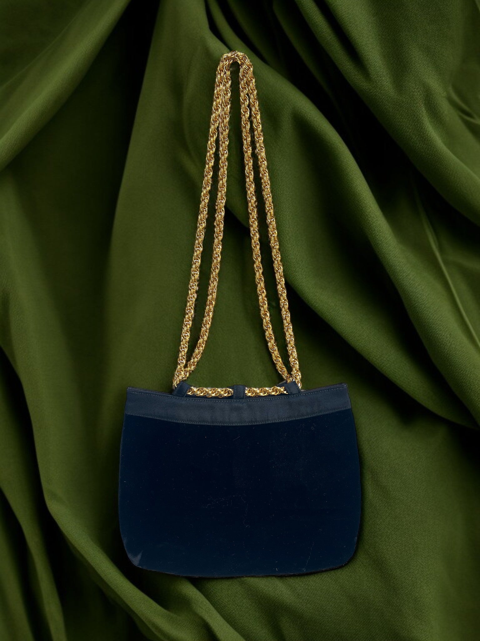 1980s Black Velvet Gold Chain Gathered Charm Bag