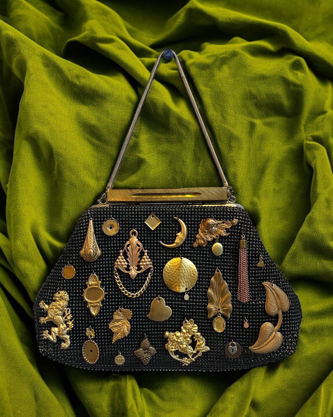 1940s Black Mesh Gathered Charm Bag