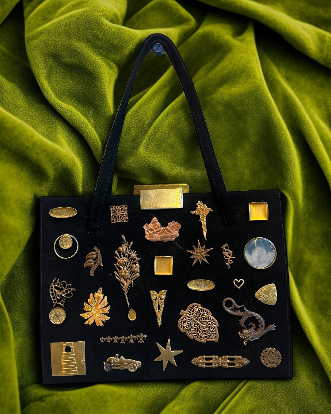 1950s Black Suede Gathered Charm Bag