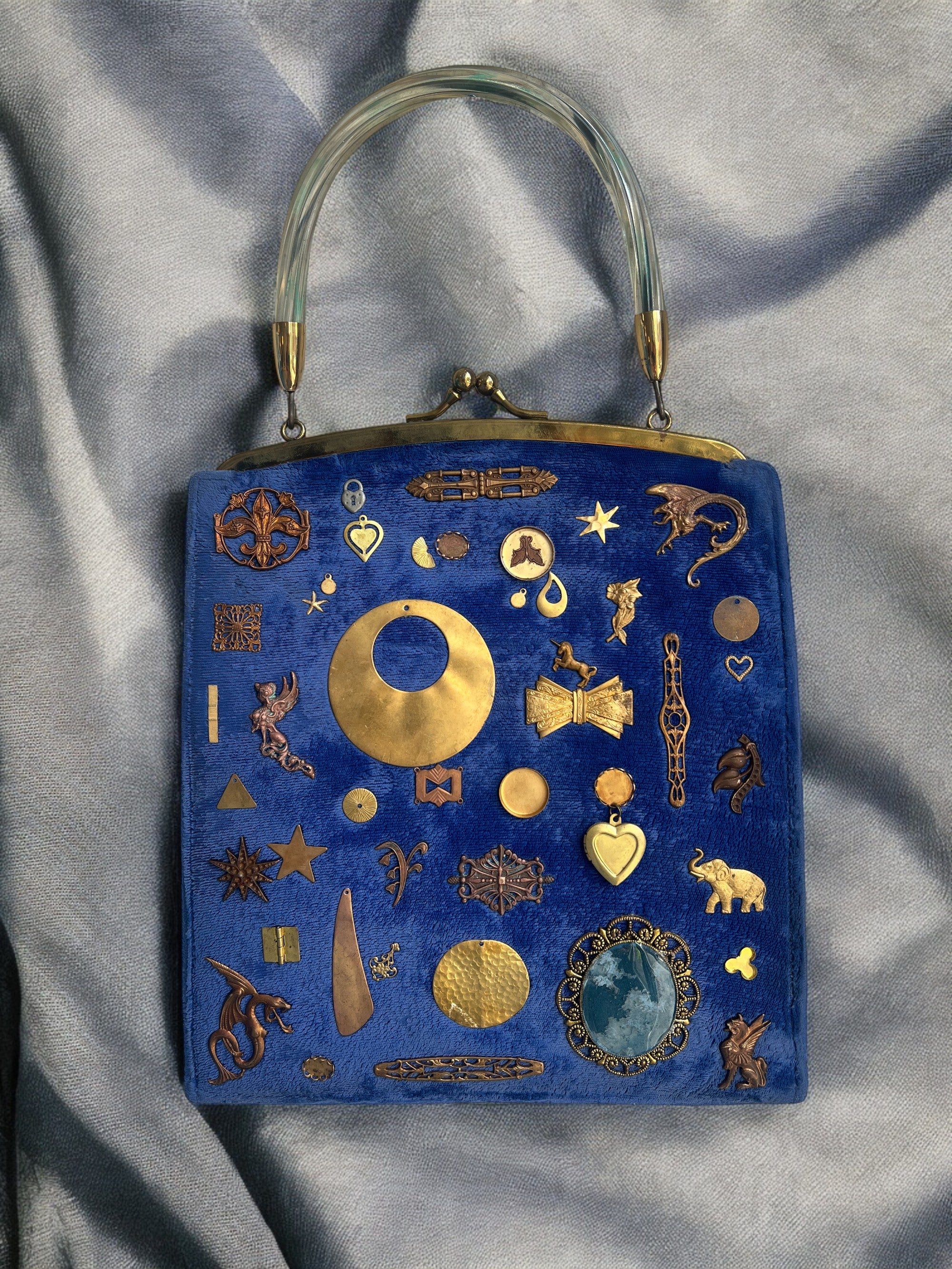 1940s Blue Velvet Gathered Charm Bag
