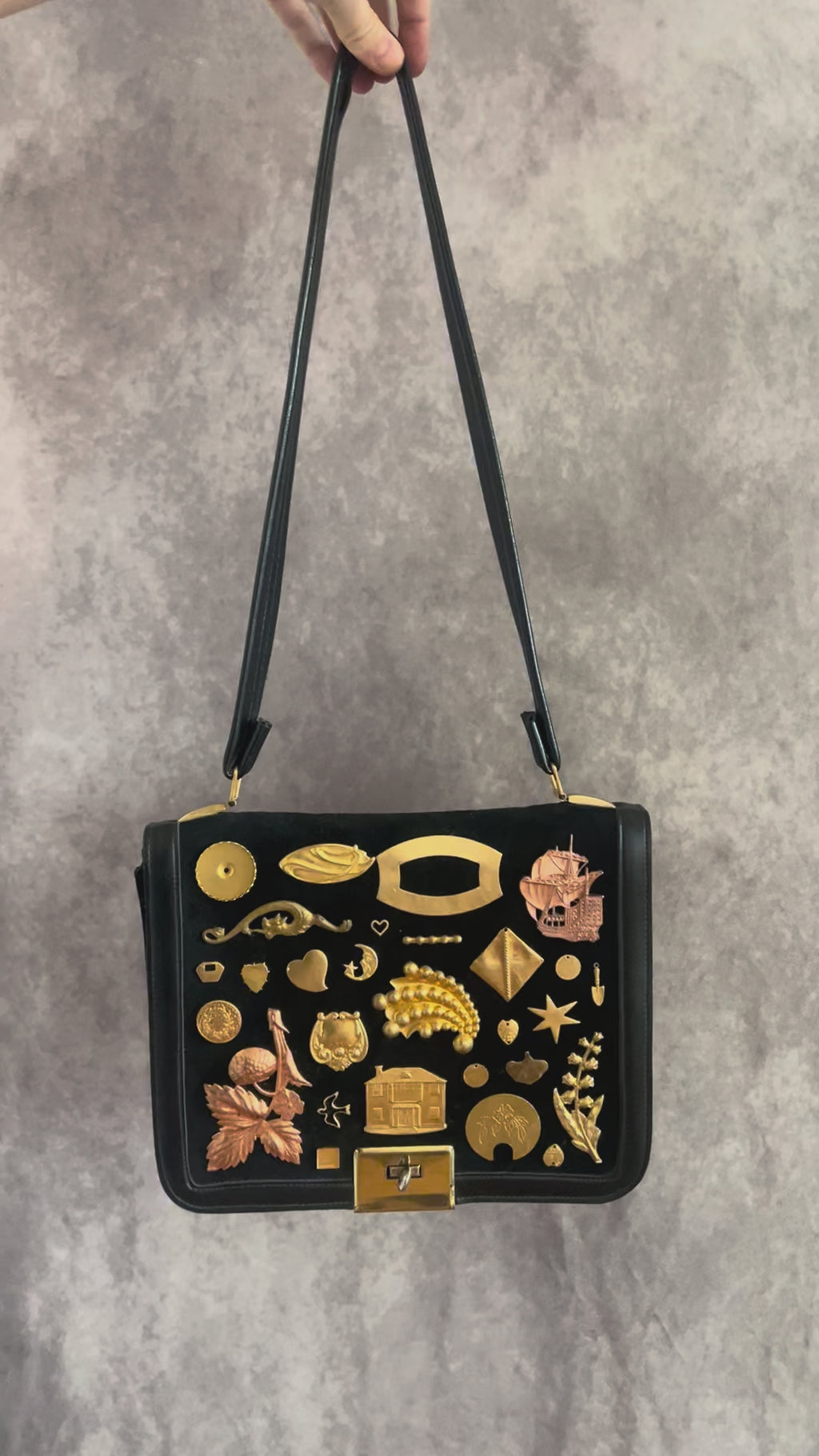 1960s Black Suede Gathered Charm Bag