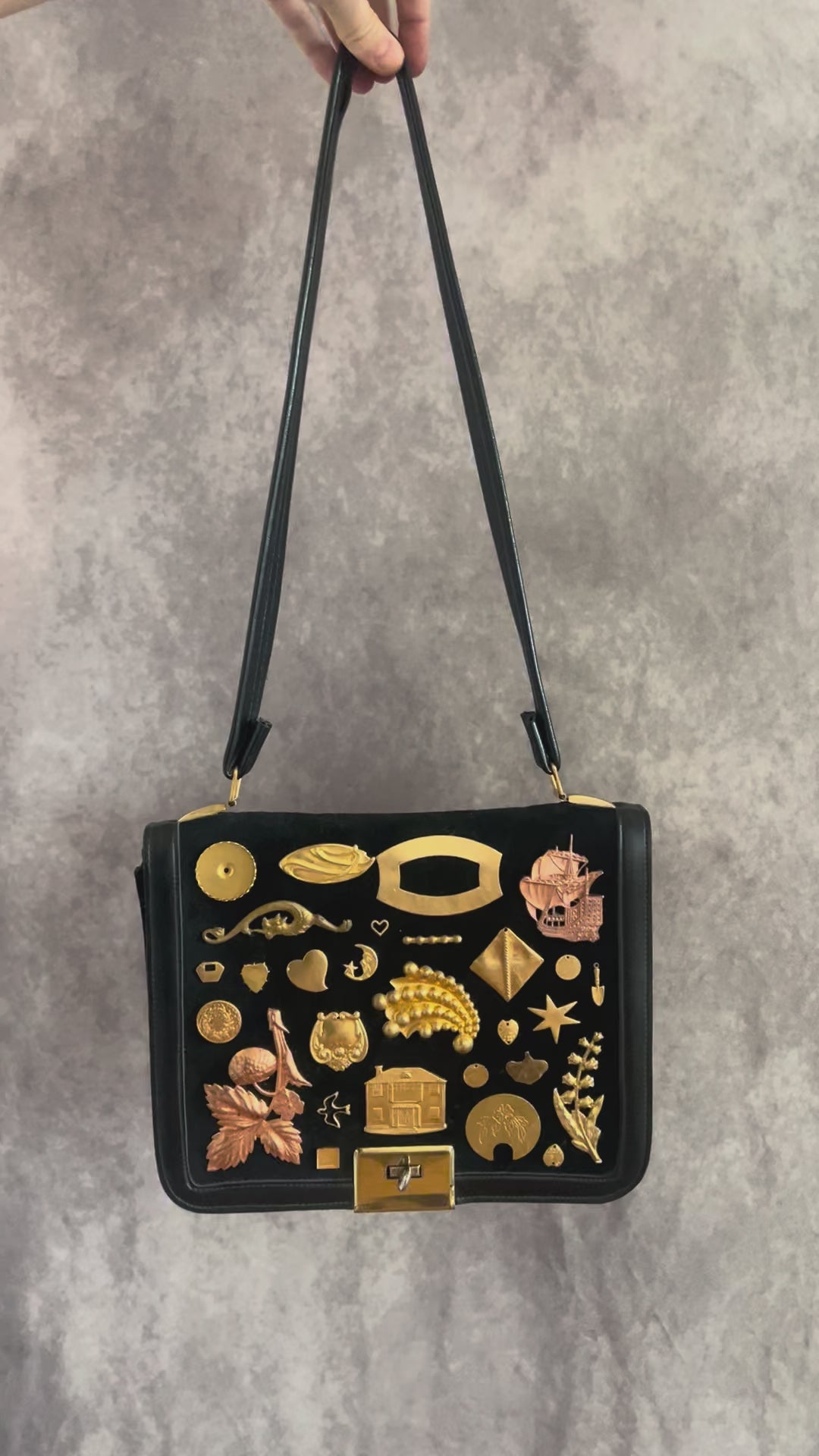 1960s Black Suede Gathered Charm Bag