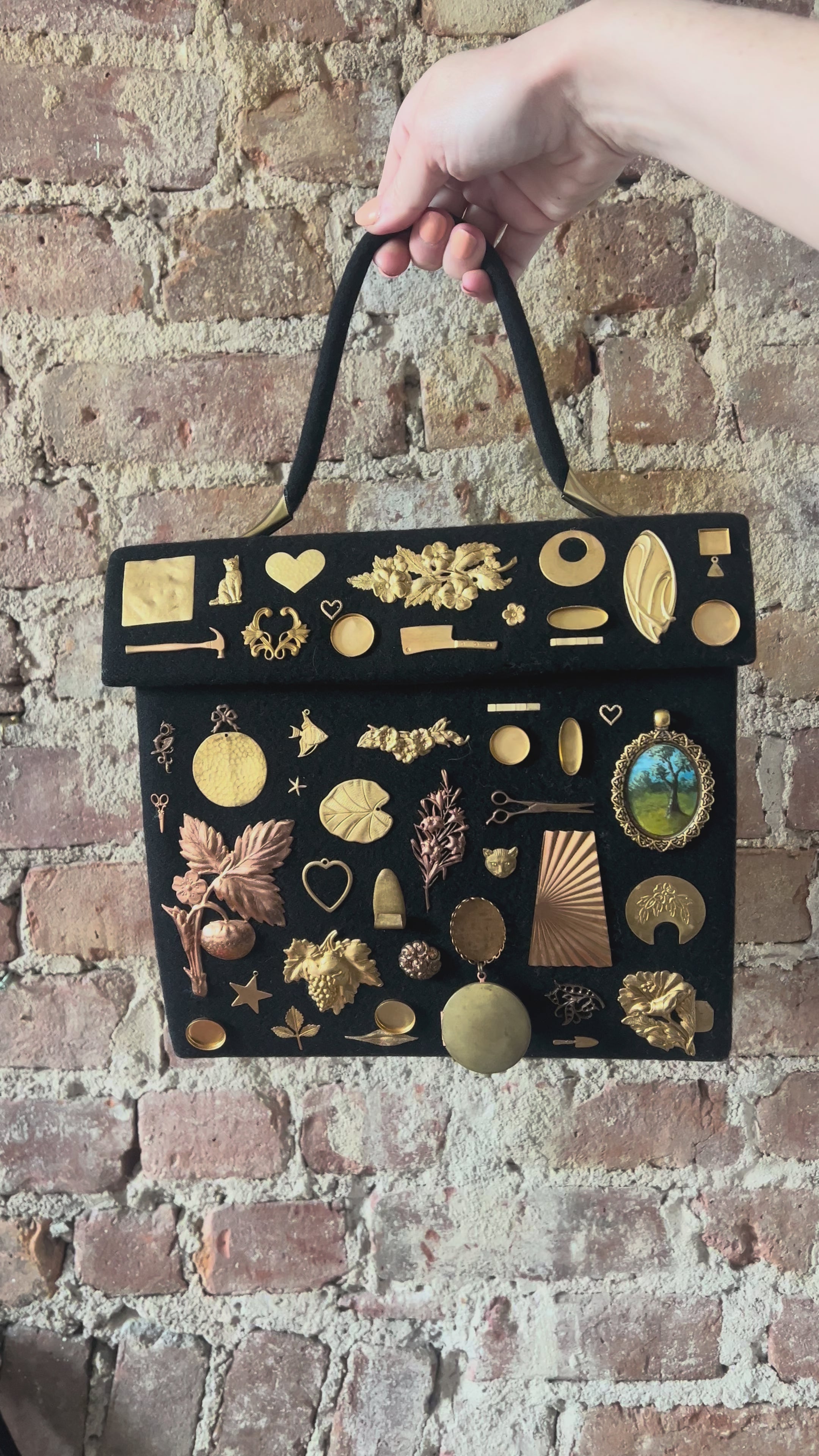 1950s Black Wool Large Gathered Charm Bag