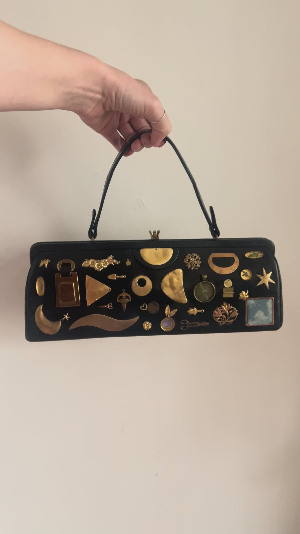 1950s Black Leather Gathered Charm Bag