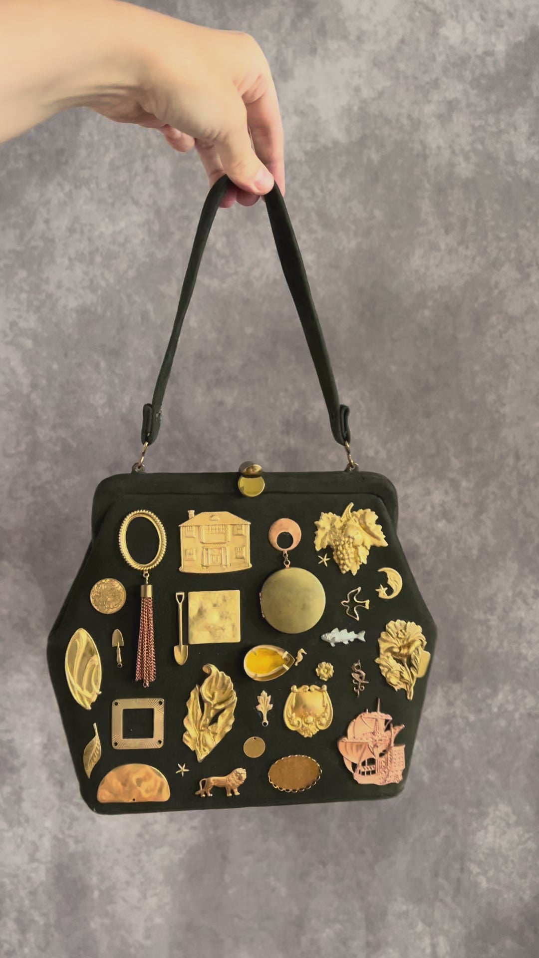 1940s Brown Suede Gathered Charm Bag