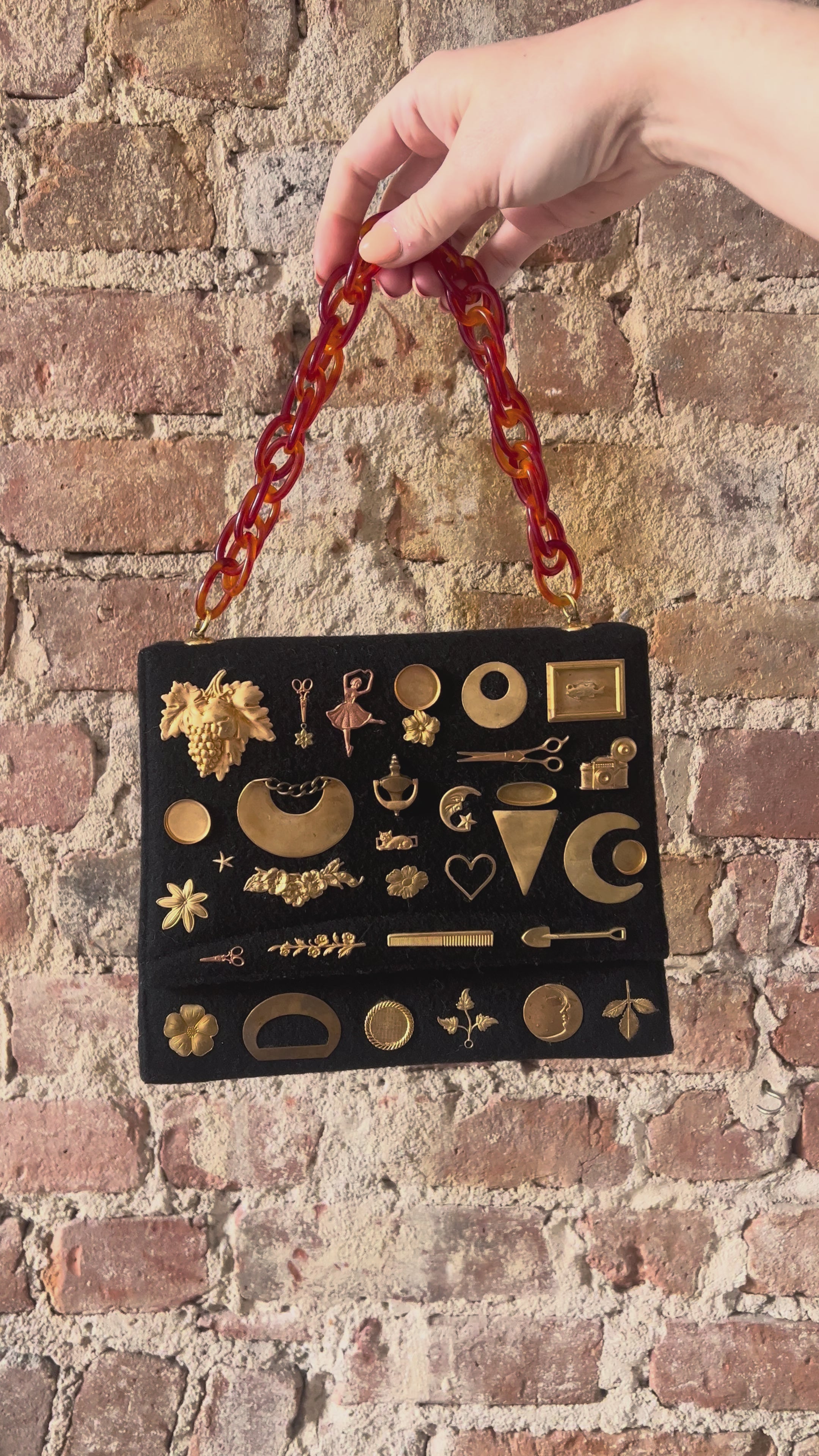 1950s Black Wool Gathered Charm Bag